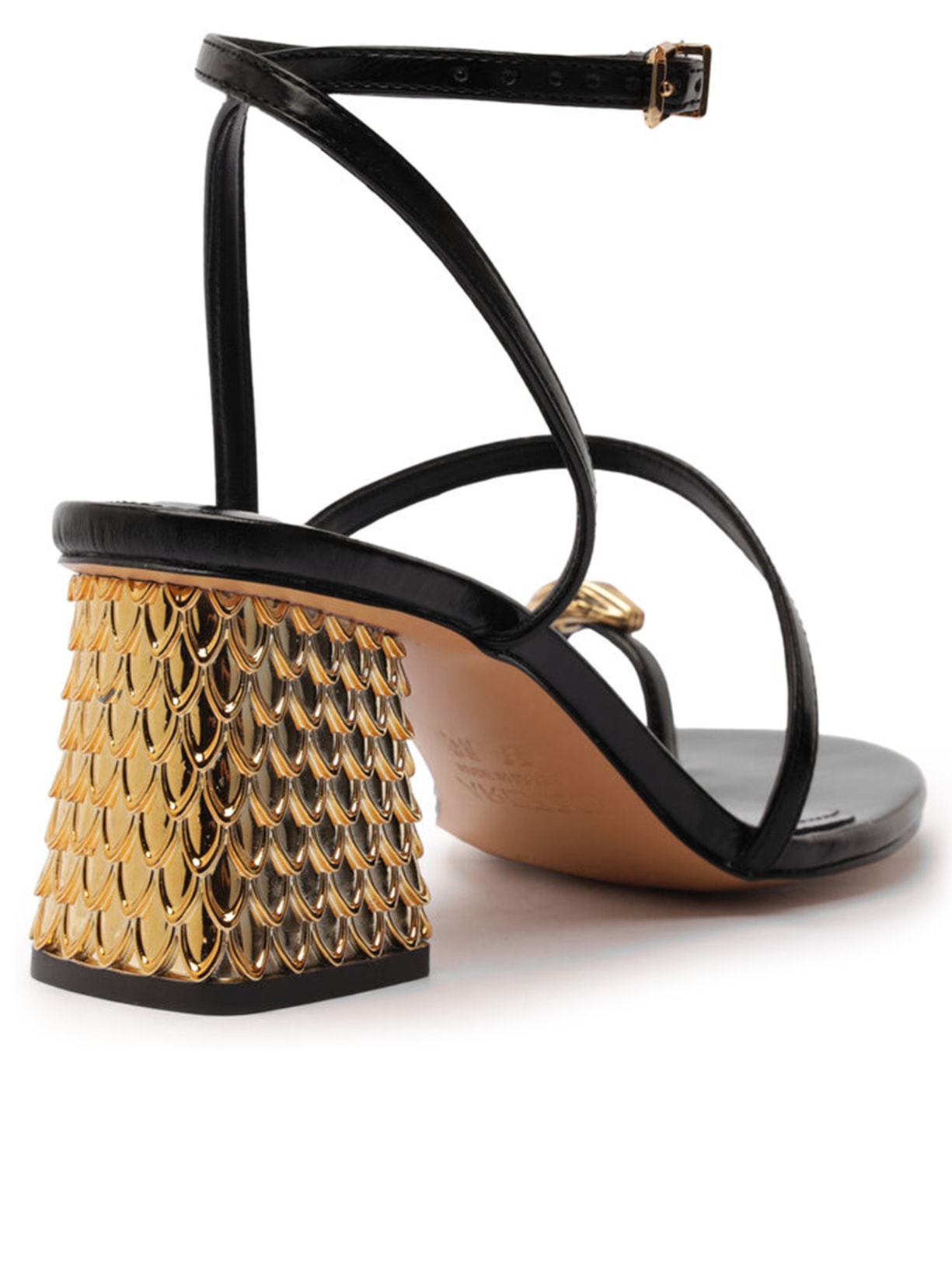 Sandália Feminina Couro Salto Bloco Textura Metal Preto Arezzo