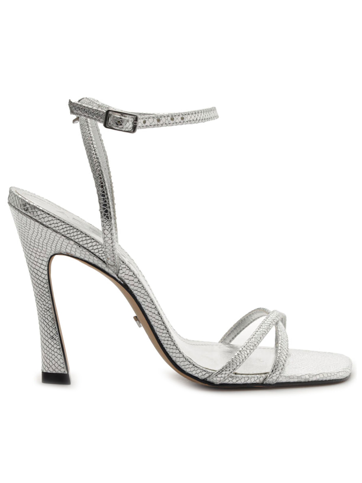 Sandália Feminina Couro Salto Fino Bico Quadrado - Prata