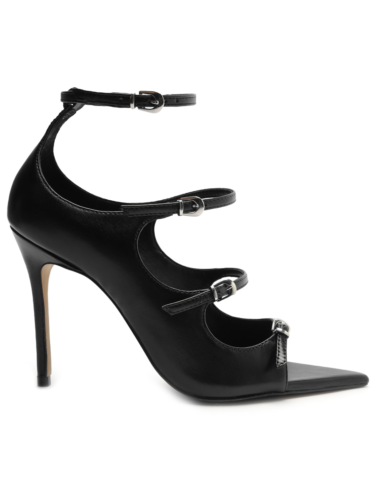 Sandália Feminina Couro Salto Fino Fivelas - Preto