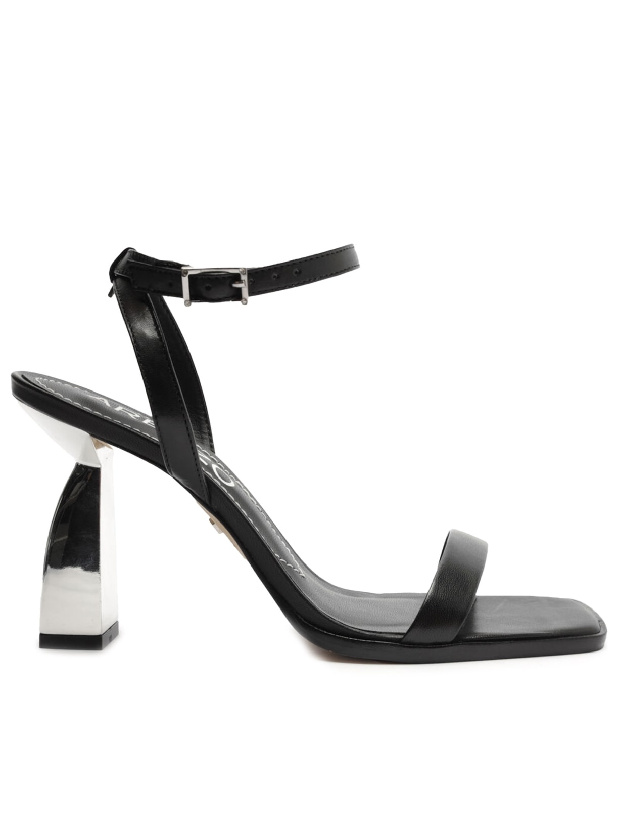 Sandália Feminina Couro Salto Geométrico Metal - Preto