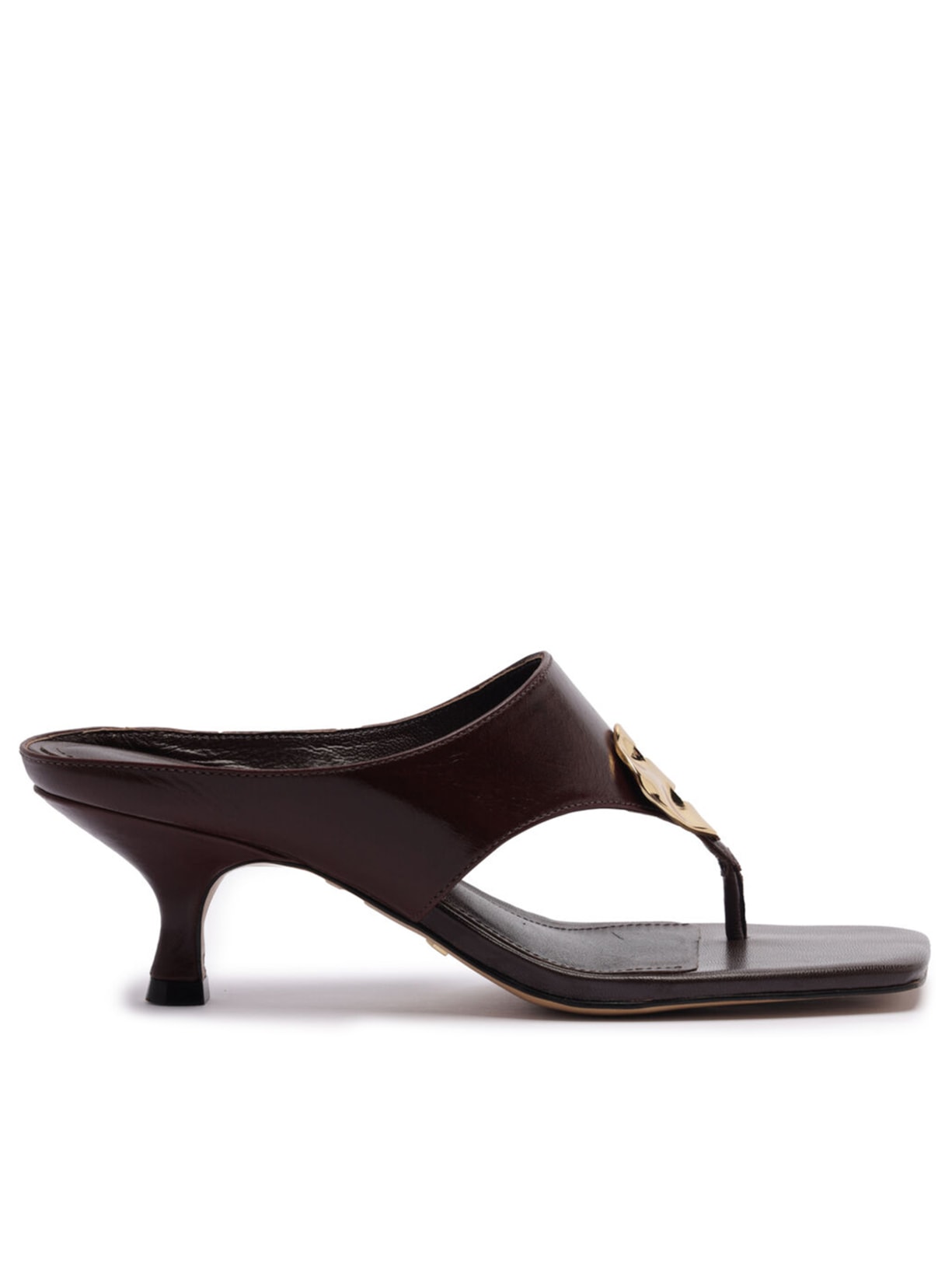 Sandália Feminina Couro Salto Kitten Thong Metal - Marrom