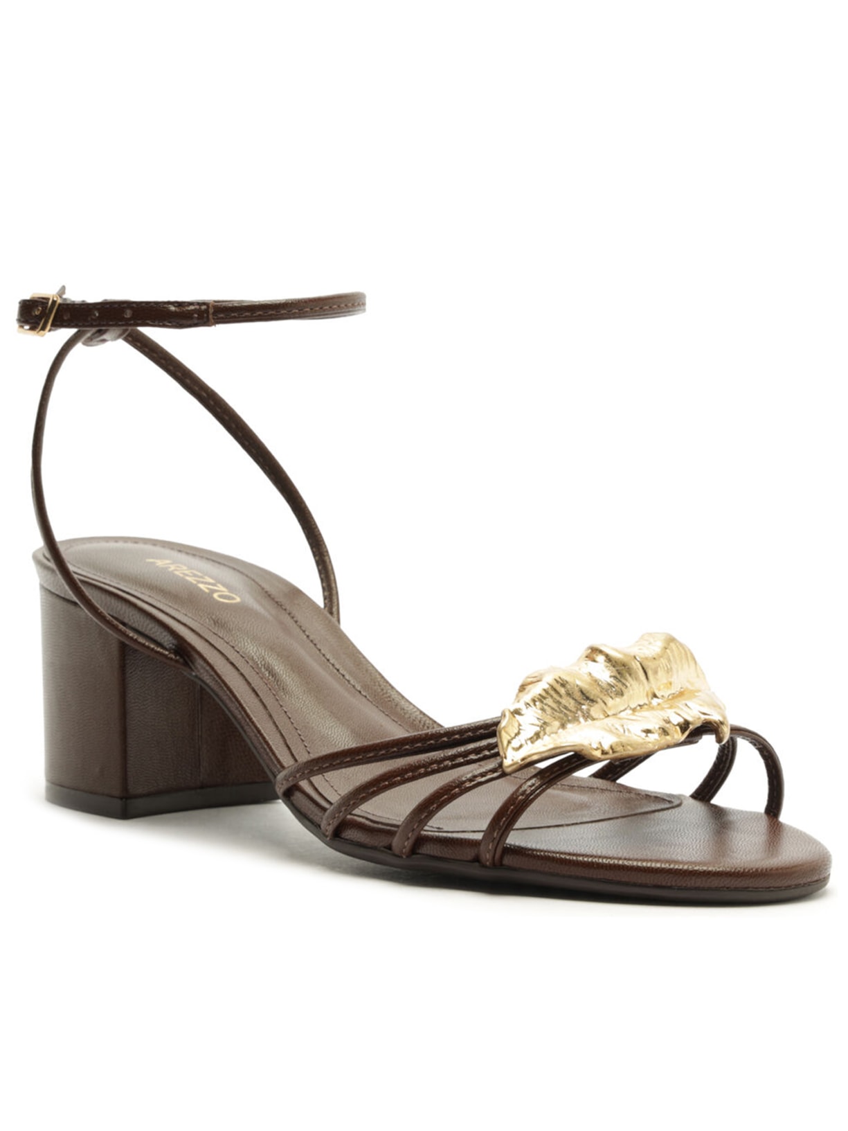 Sandália Feminina Couro Salto Médio Bloco Folha Metal Marrom Arezzo