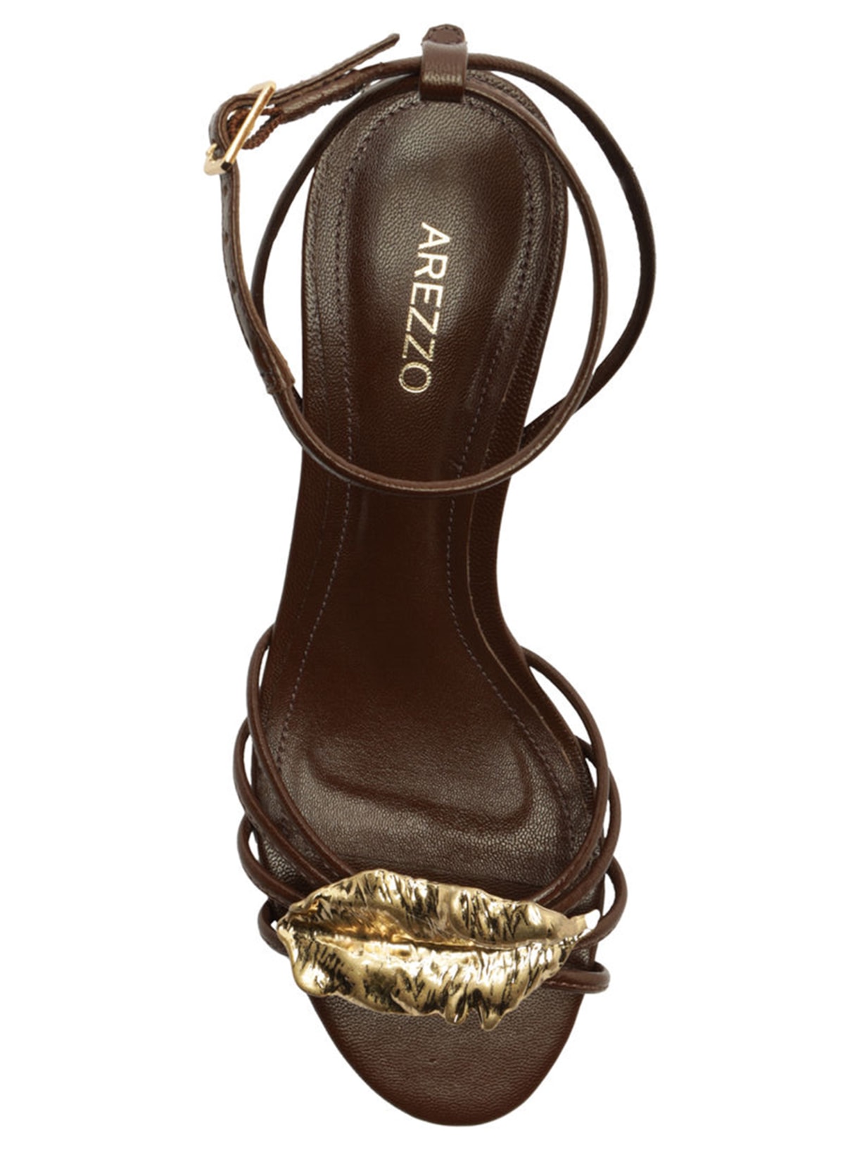 Sandália Feminina Couro Salto Médio Bloco Folha Metal Marrom Arezzo