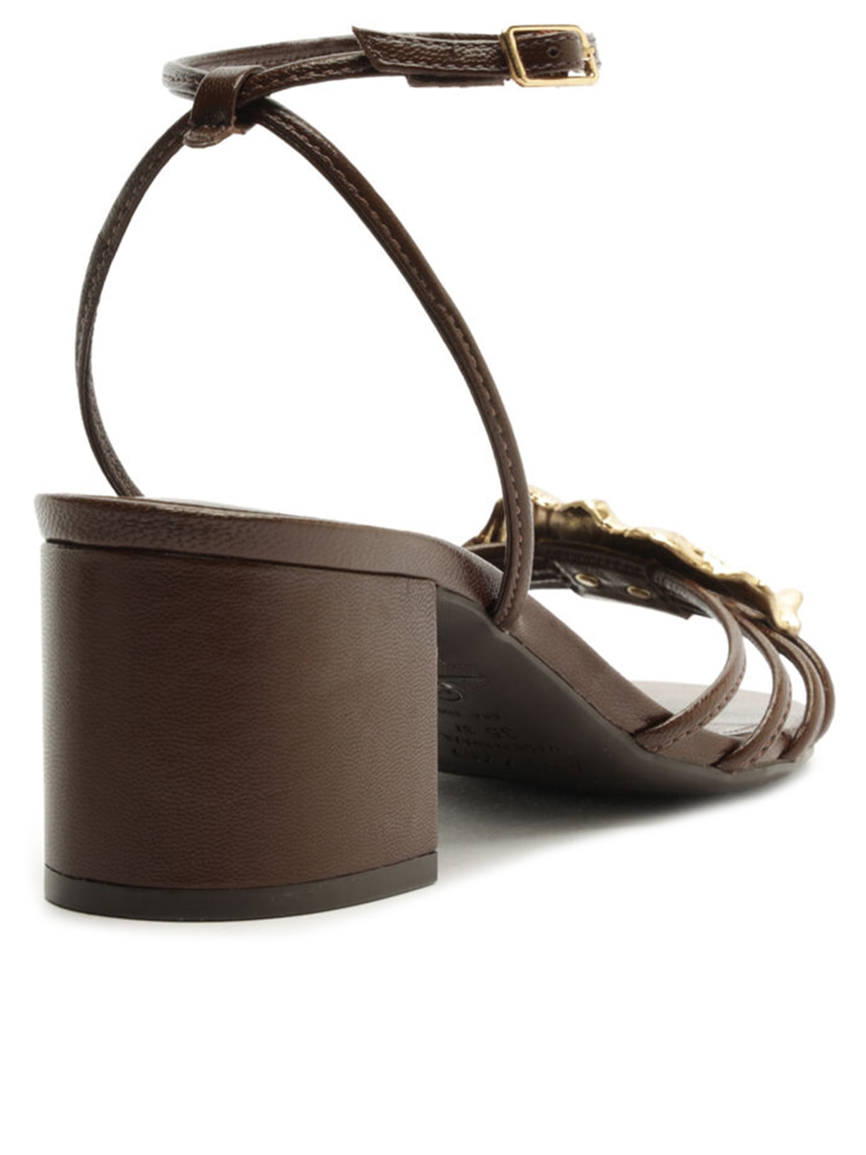 Sandália Feminina Couro Salto Médio Bloco Folha Metal Marrom Arezzo