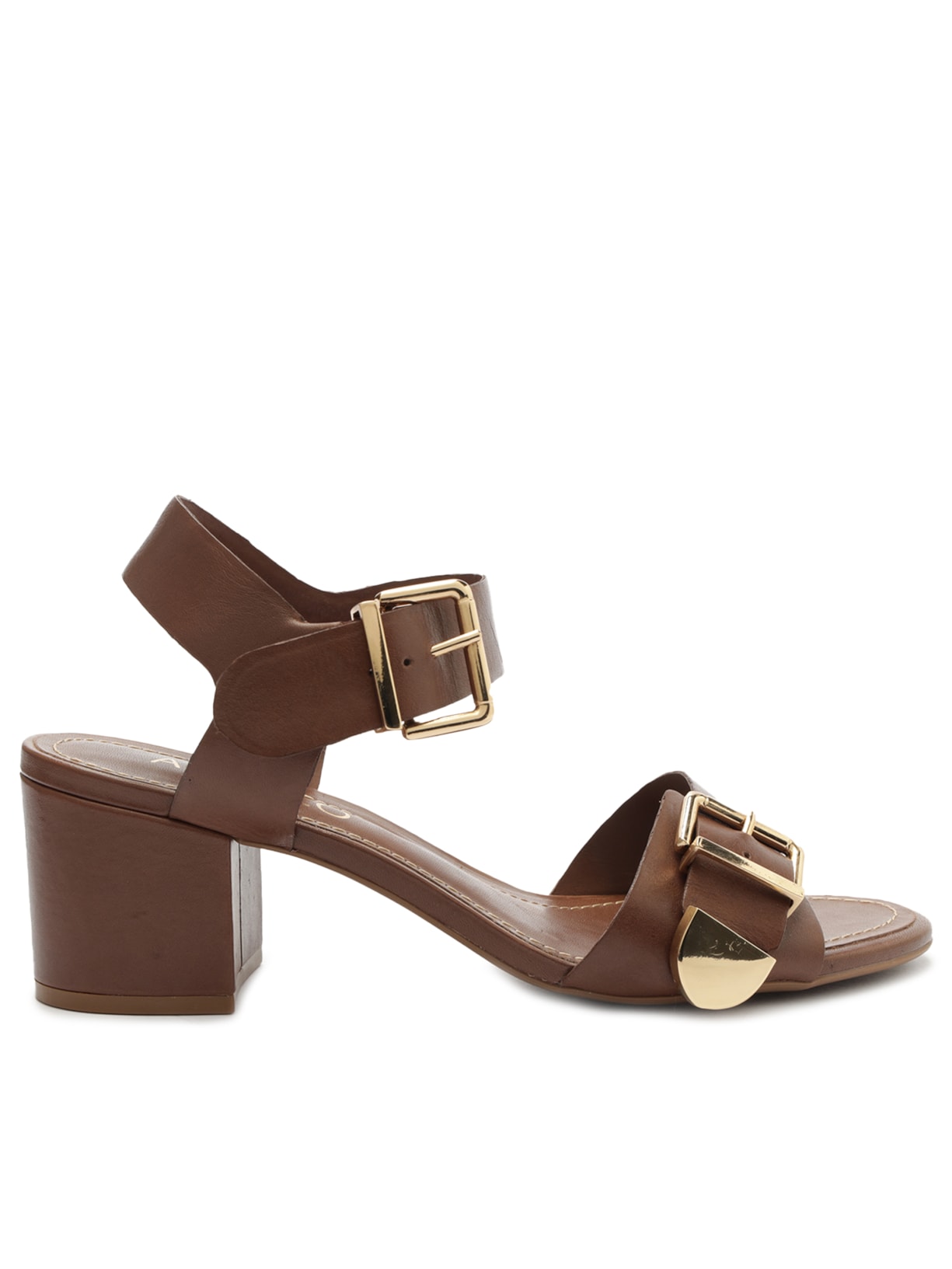 Sandália Feminina Couro Salto Médio Fivelas - Marrom