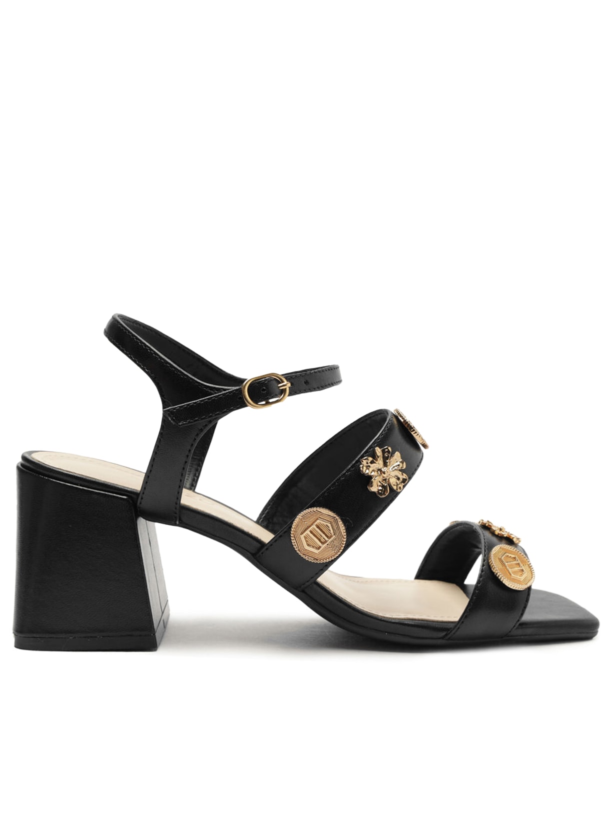 Sandália Feminina Couro Salto Médio Metais - Preto