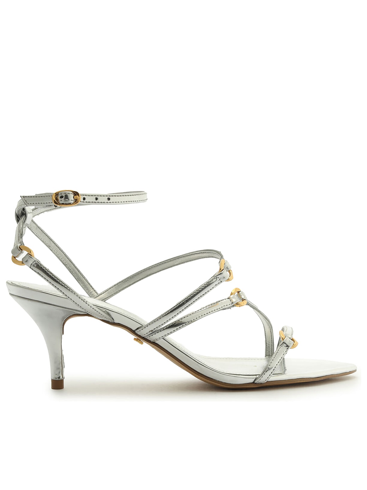 Sandália Feminina Couro Salto Médio Tiras Finas - Prata