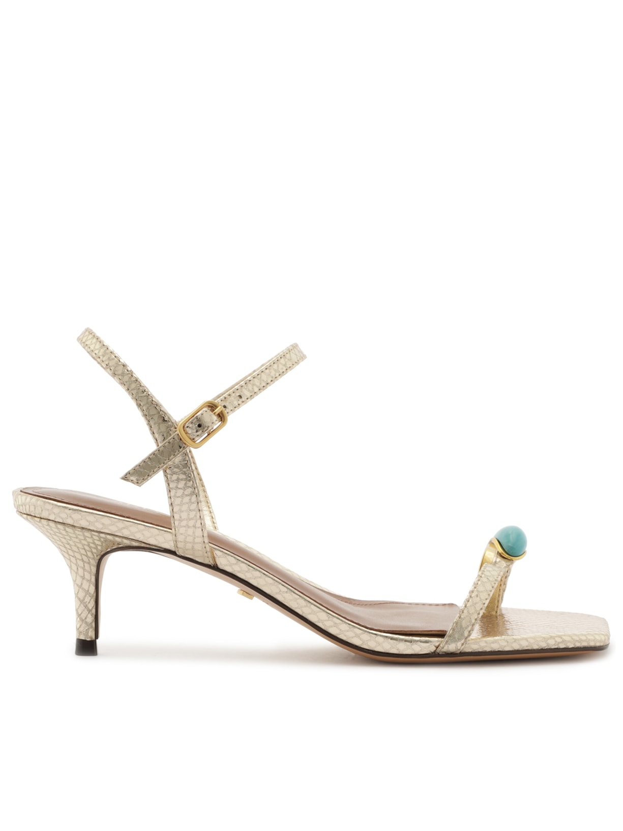 Sandália Feminina Couro Salto Médio Tiras Pedra - Dourado