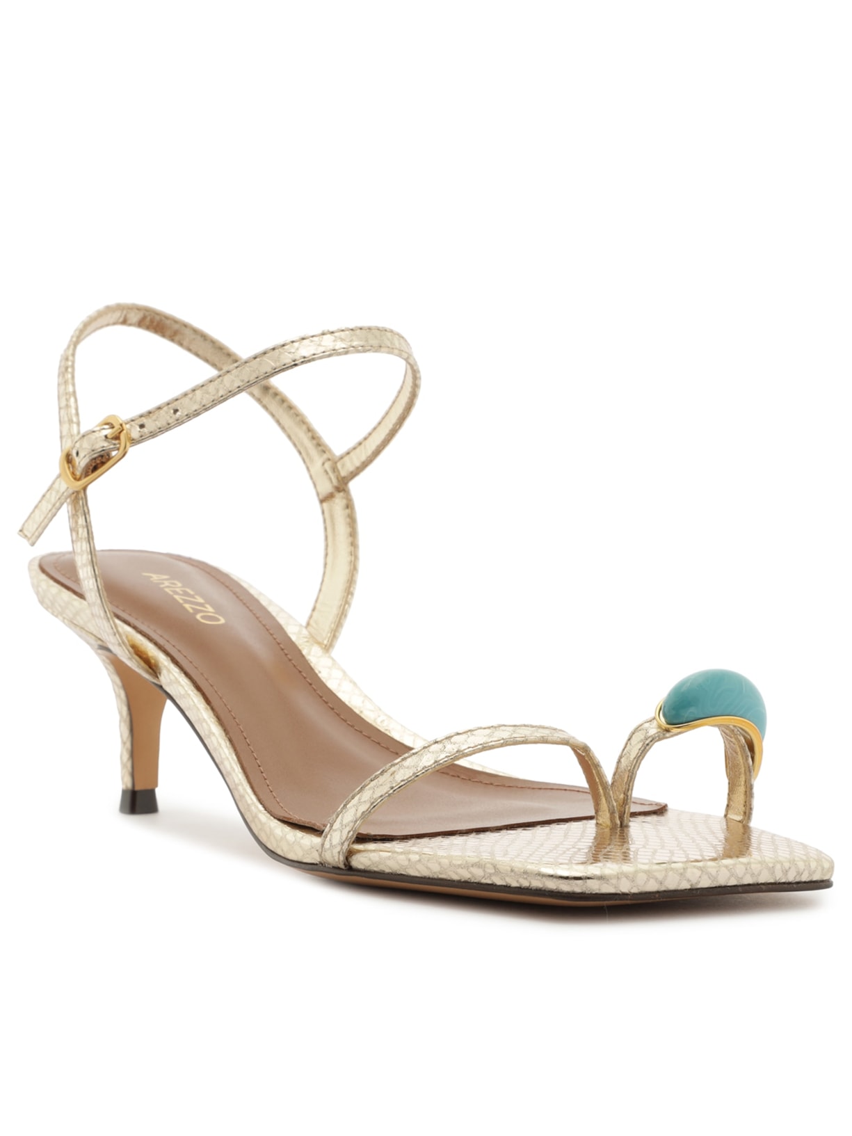 Sandália Feminina Couro Salto Médio Tiras Pedra Dourado Arezzo