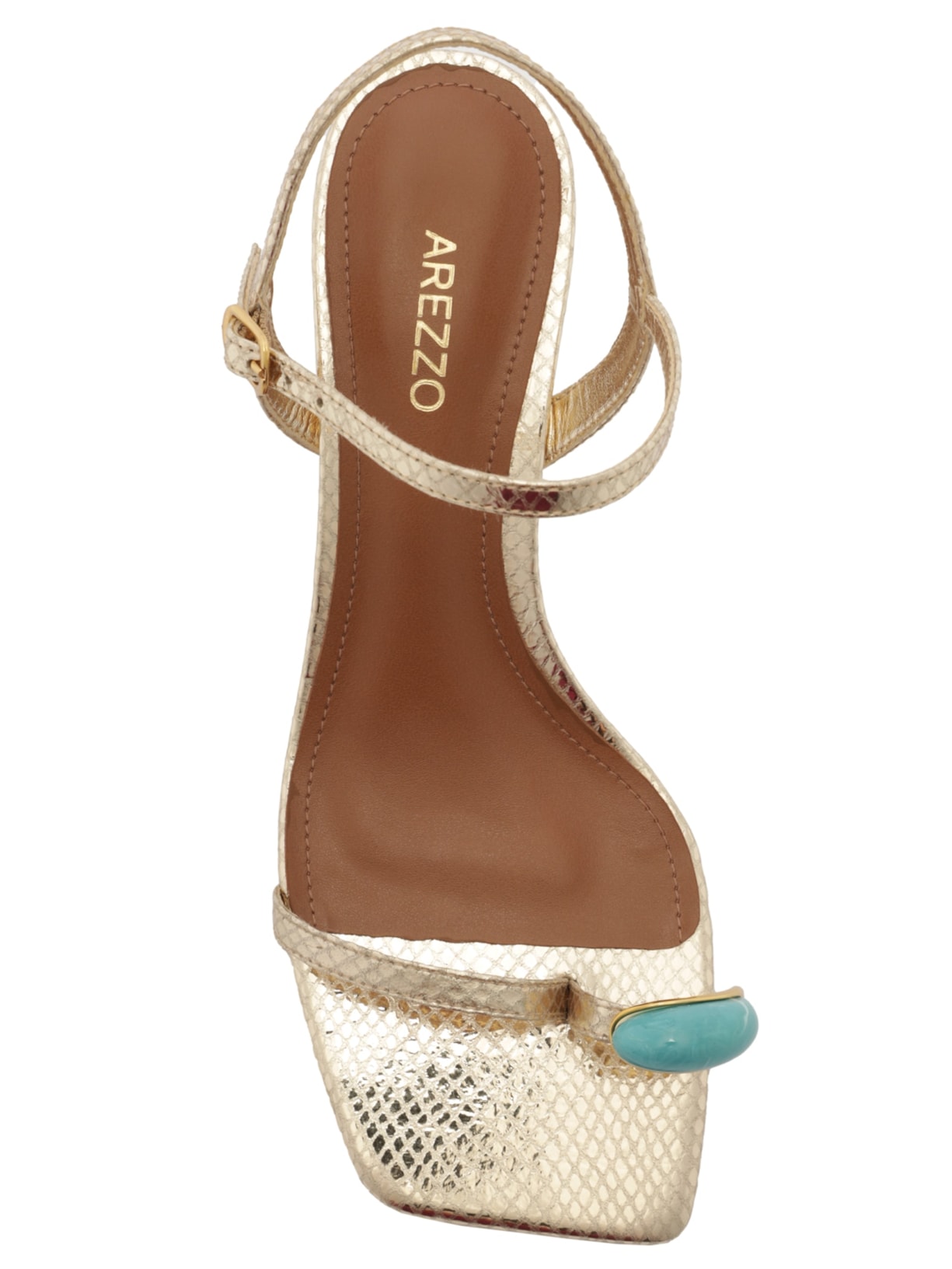 Sandália Feminina Couro Salto Médio Tiras Pedra Dourado Arezzo