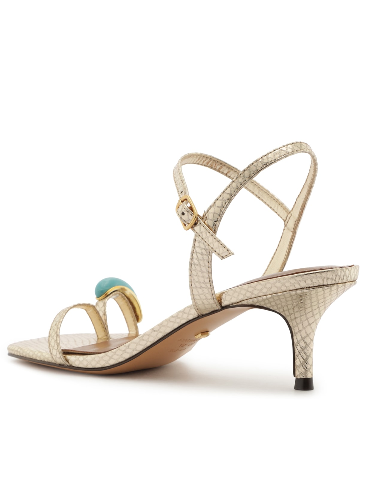 Sandália Feminina Couro Salto Médio Tiras Pedra Dourado Arezzo