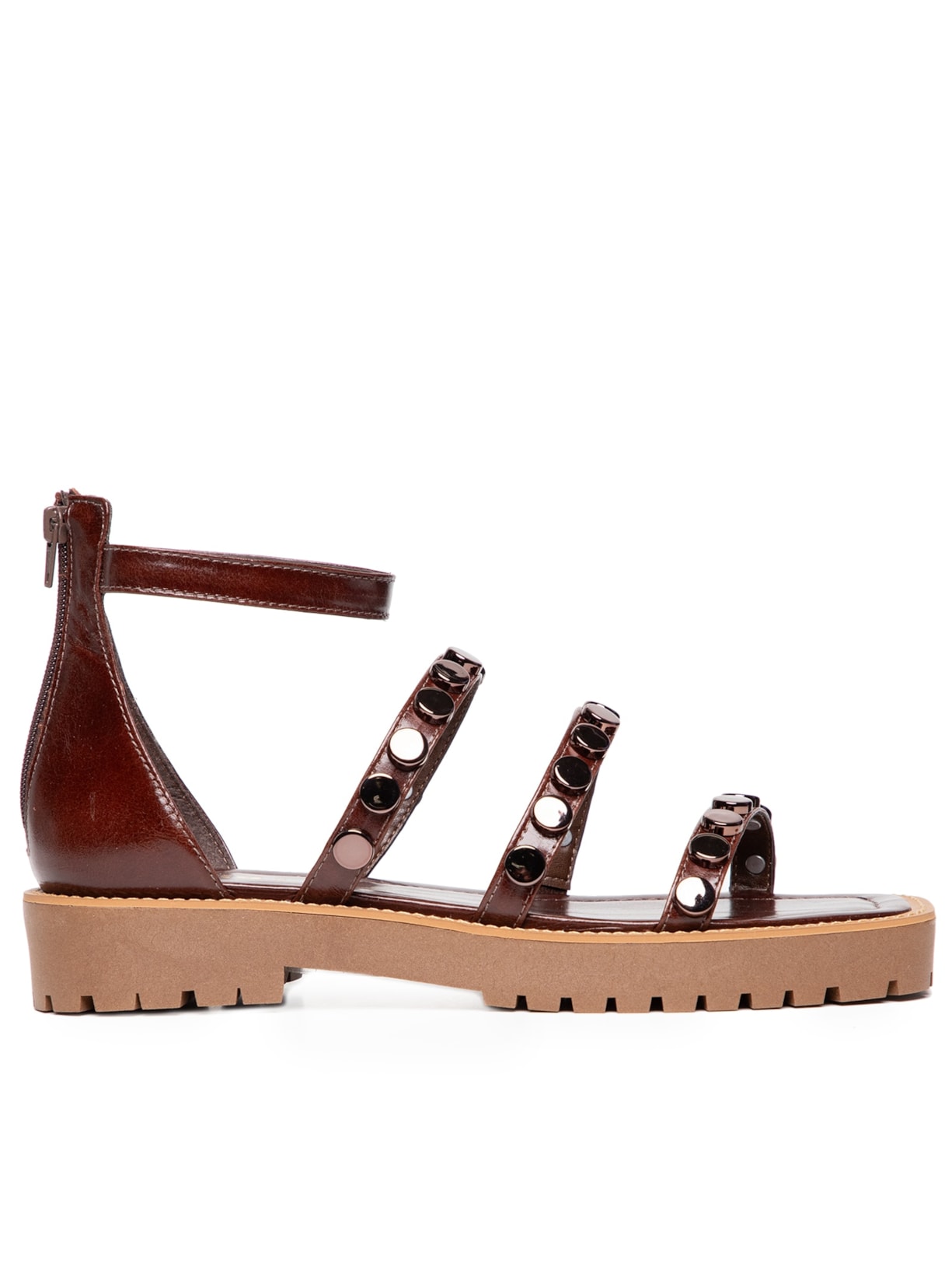 Sandália Feminina Couro Tiras Com Tachas - Marrom