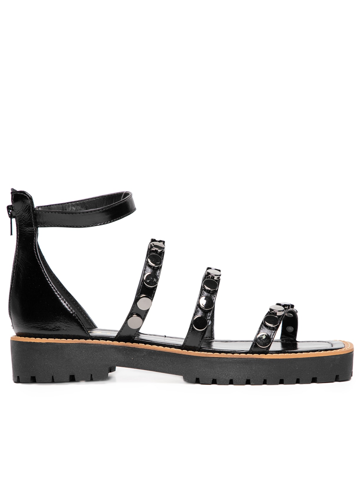 Sandália Feminina Couro Tiras Com Tachas - Preto