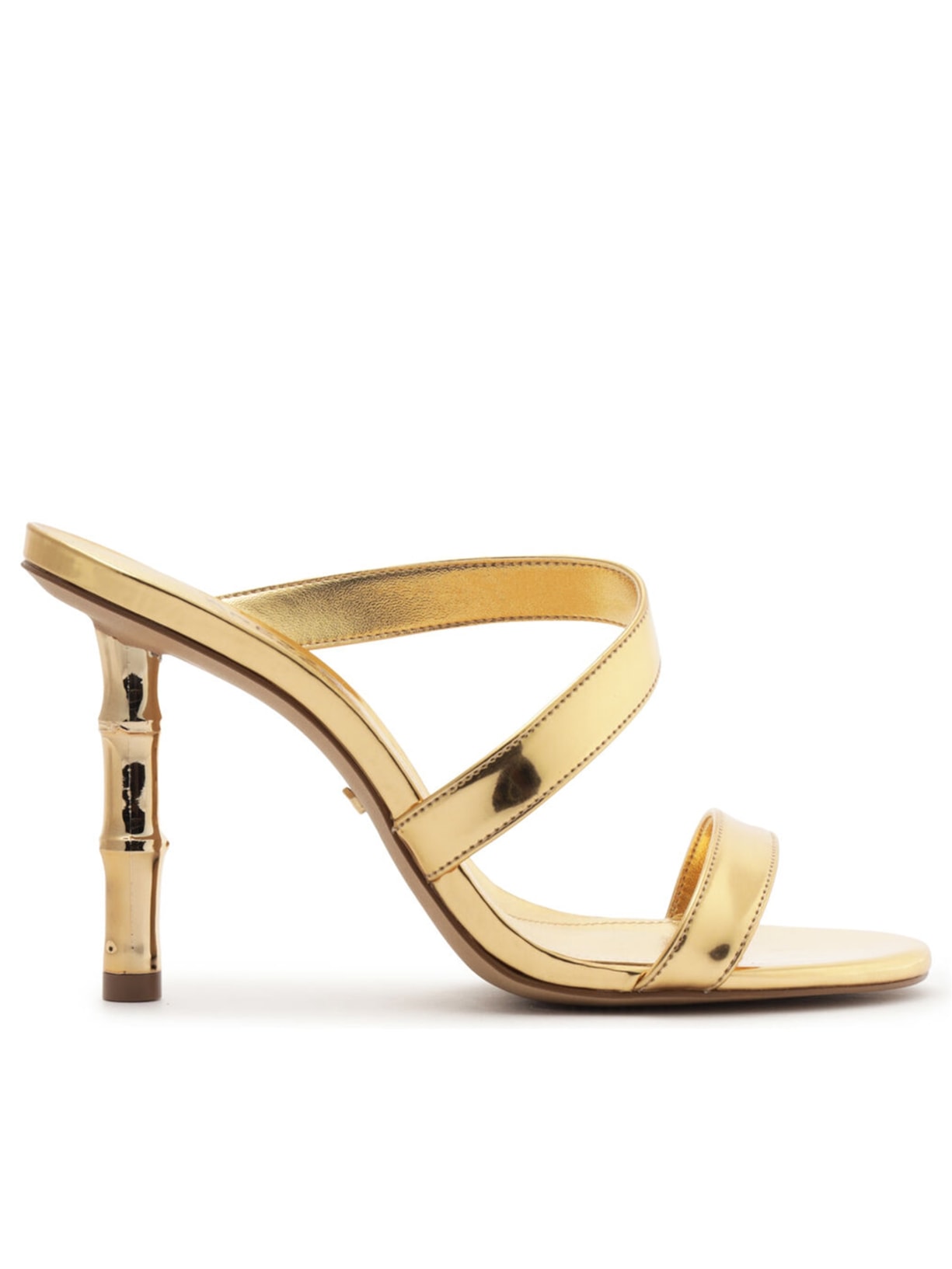 Sandália Feminina Couro Tiras Salto Bamboo Metal - Dourado