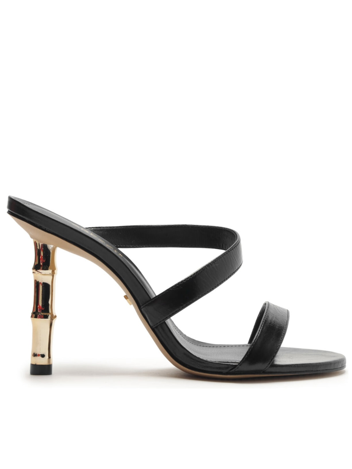 Sandália Feminina Couro Tiras Salto Bamboo Metal - Preto