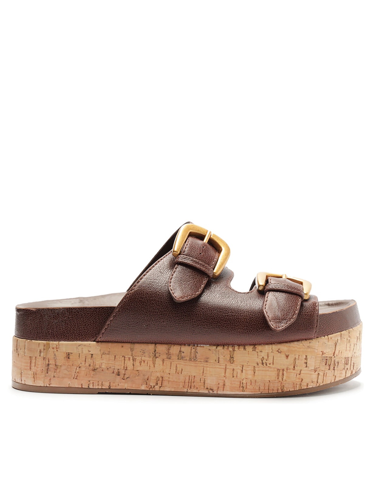 Sandália Feminina Dark Couro Flatform Cortiça Fivelas - Marrom