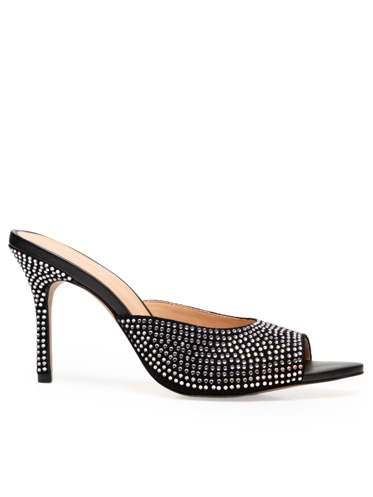 Sandália Feminina De Salto Alto Fino Em Camurça Com Cristais - Preto