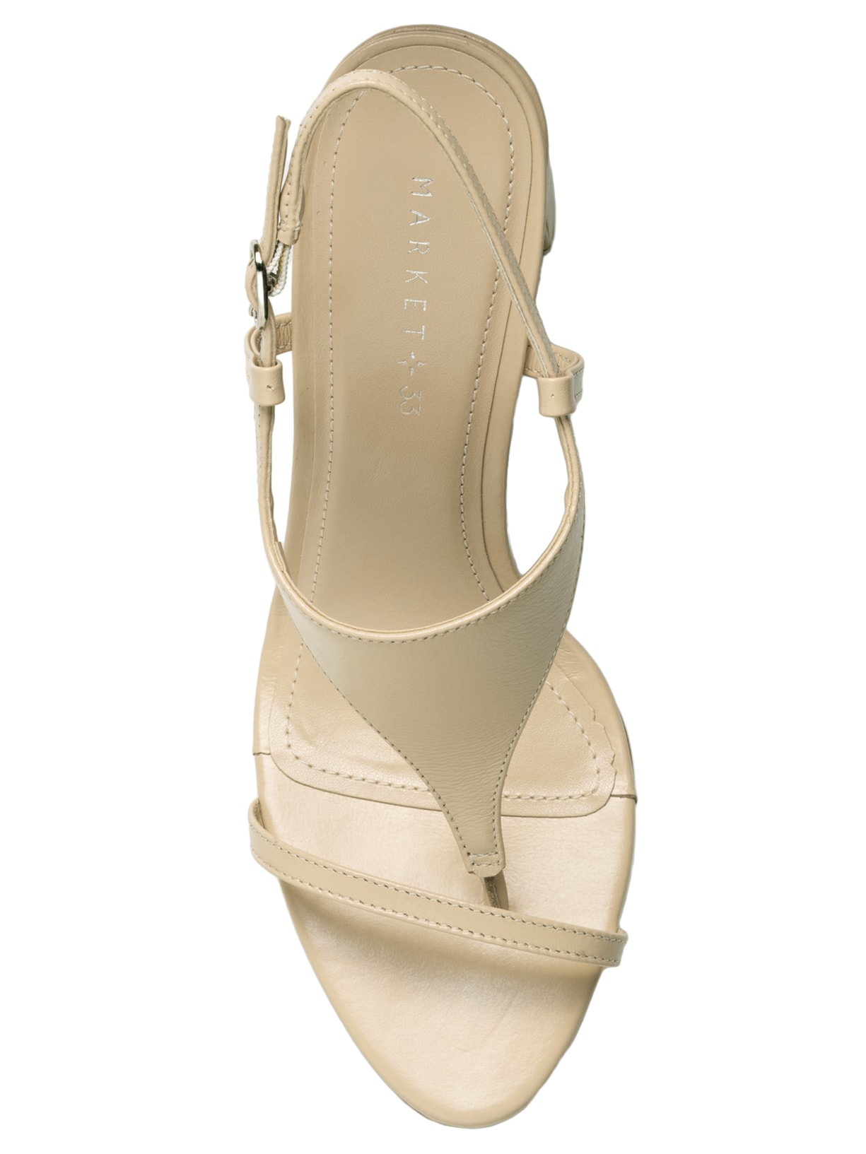 Sandália Feminina Em Couro Com Salto Bloco Bege Market 33