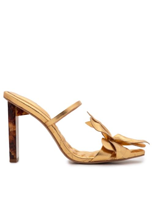 Sandália Feminina Em Couro Salto Alto Maxi Flor - Dourado