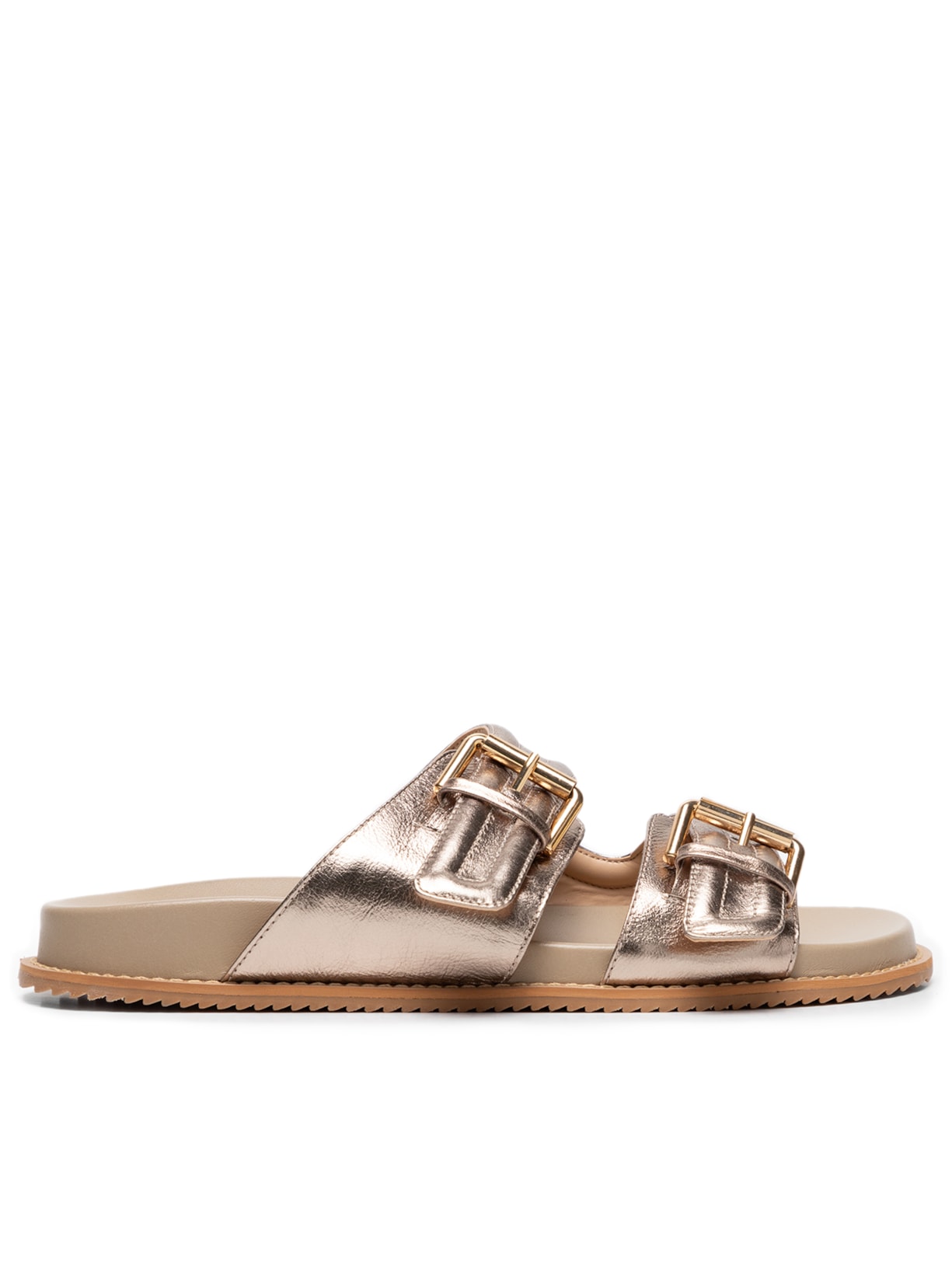 Sandália Feminina Flarform Couro Com Fivelas Em Metal - Dourado