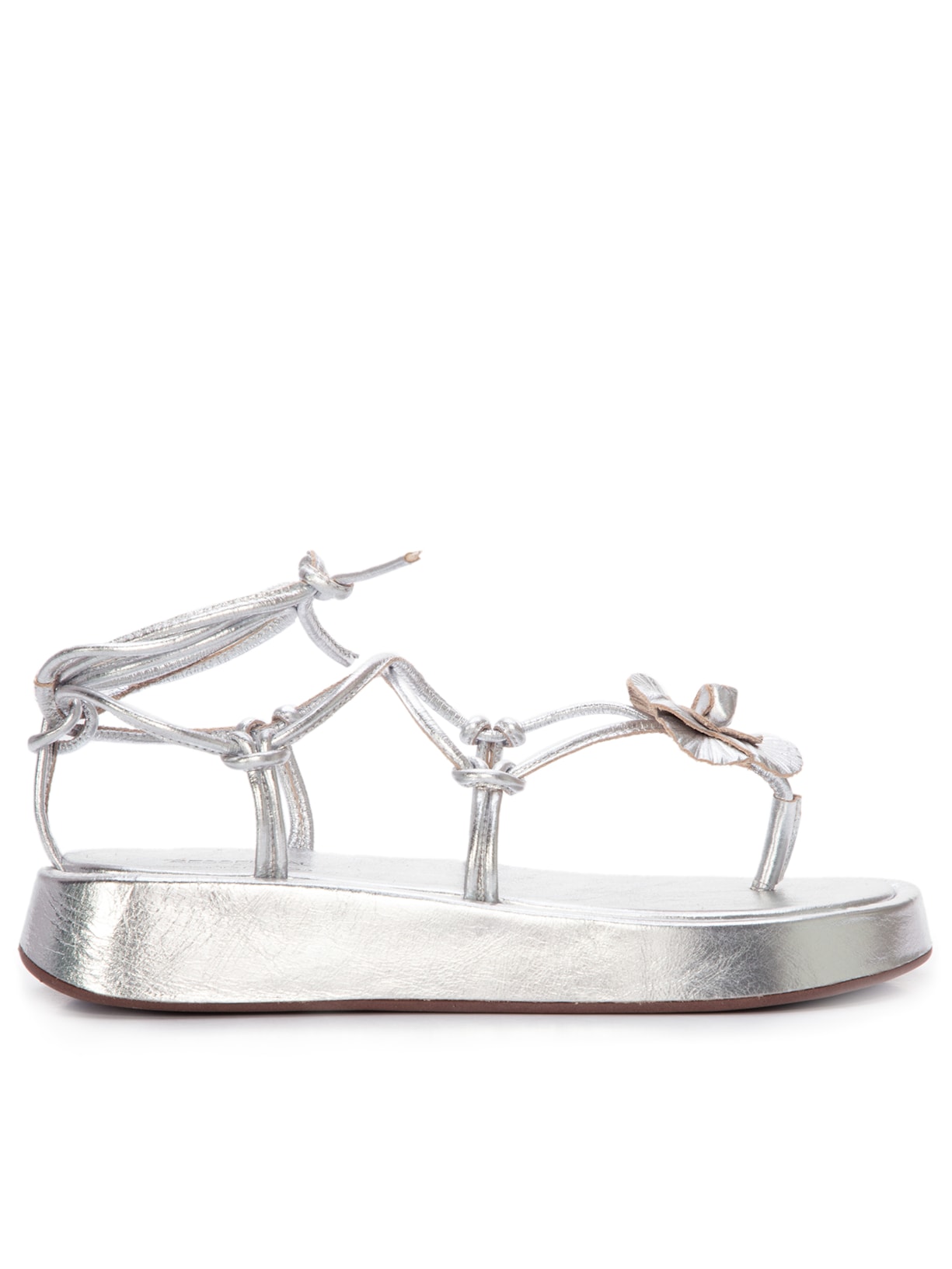 Sandália Feminina Flat Em Couro Amarração - Prata