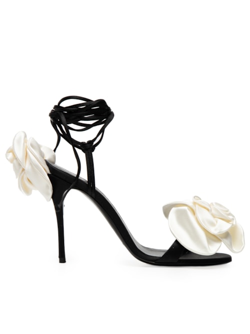 Sandália Feminina Flower Satin Ivory - Preto