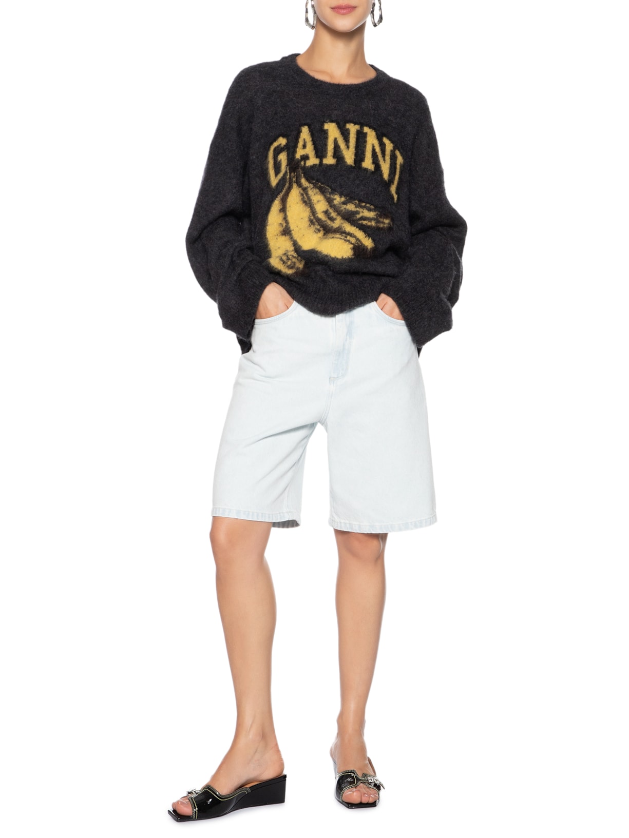 Sandália Feminina Mule Butterfly Wedge Naplack Preto Ganni