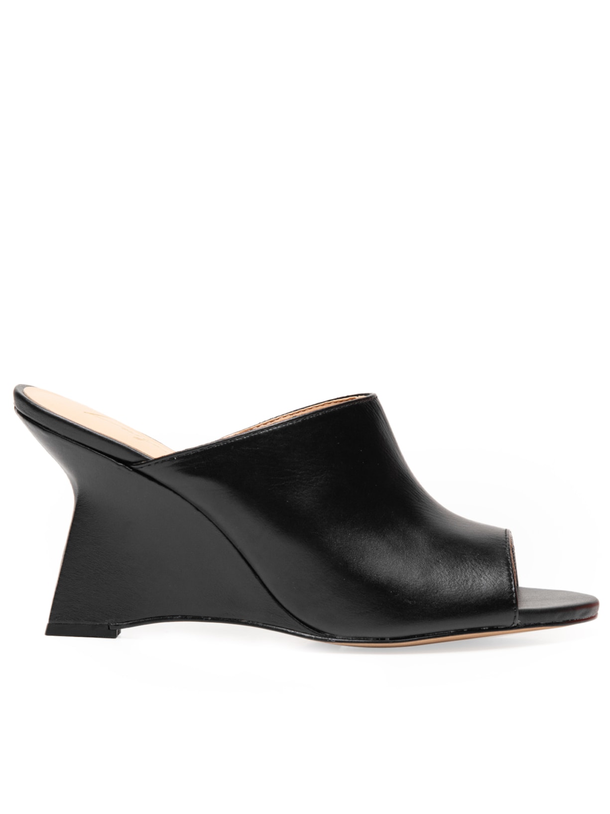 Sandália Feminina Mule Peep Toe Anabela Em Couro - Preto