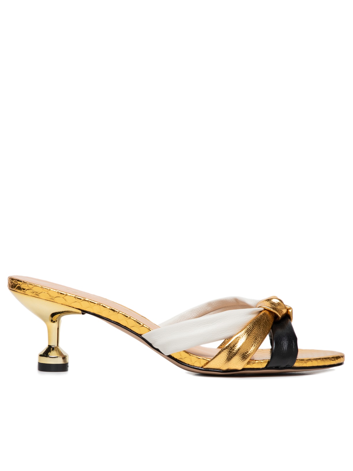 Sandália Feminina Mule Peep Toe Detalhe Nó Salto Médio - Dourado