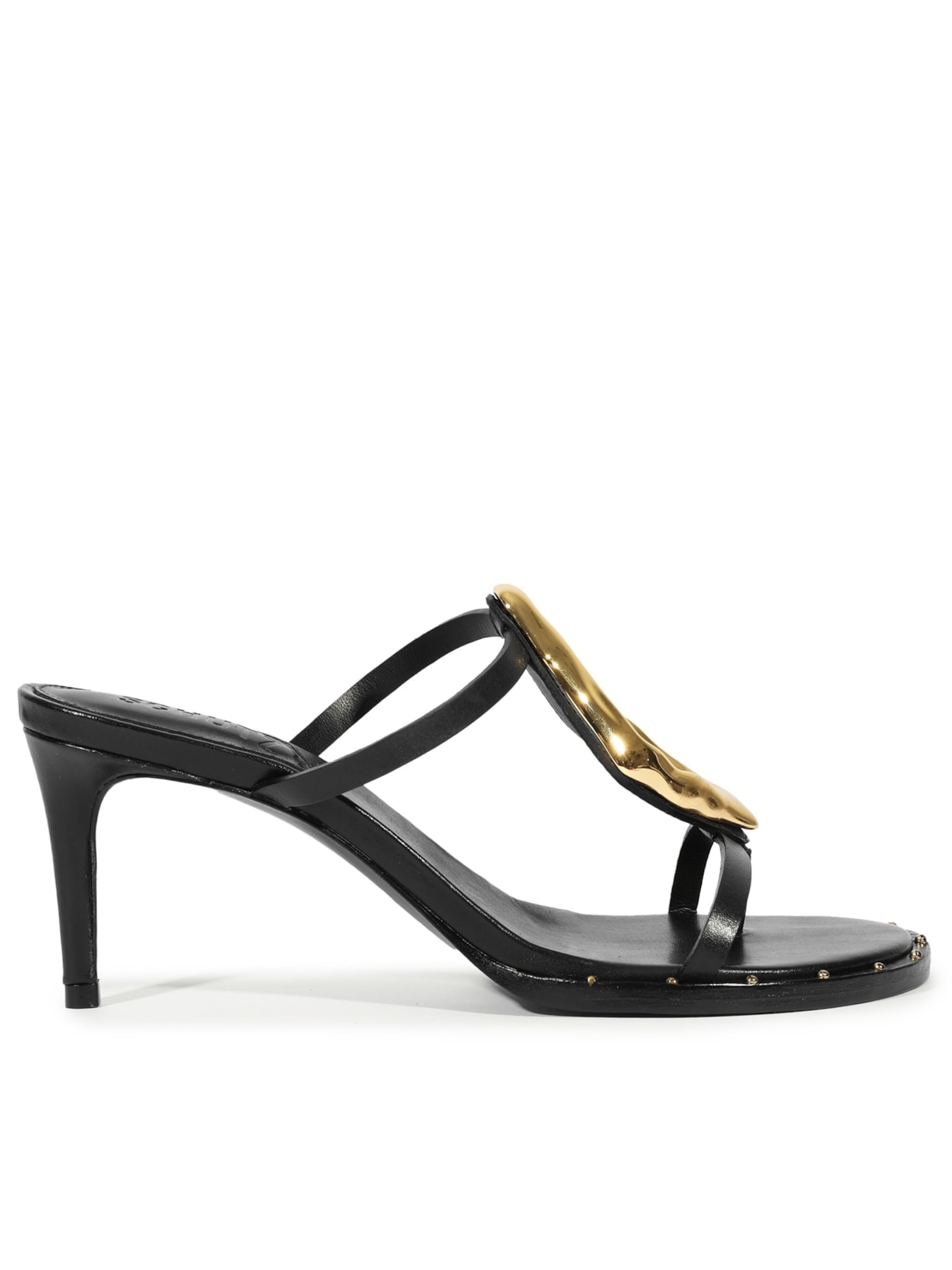 Sandália Feminina Mule Salto Médio Couro Metal - Preto