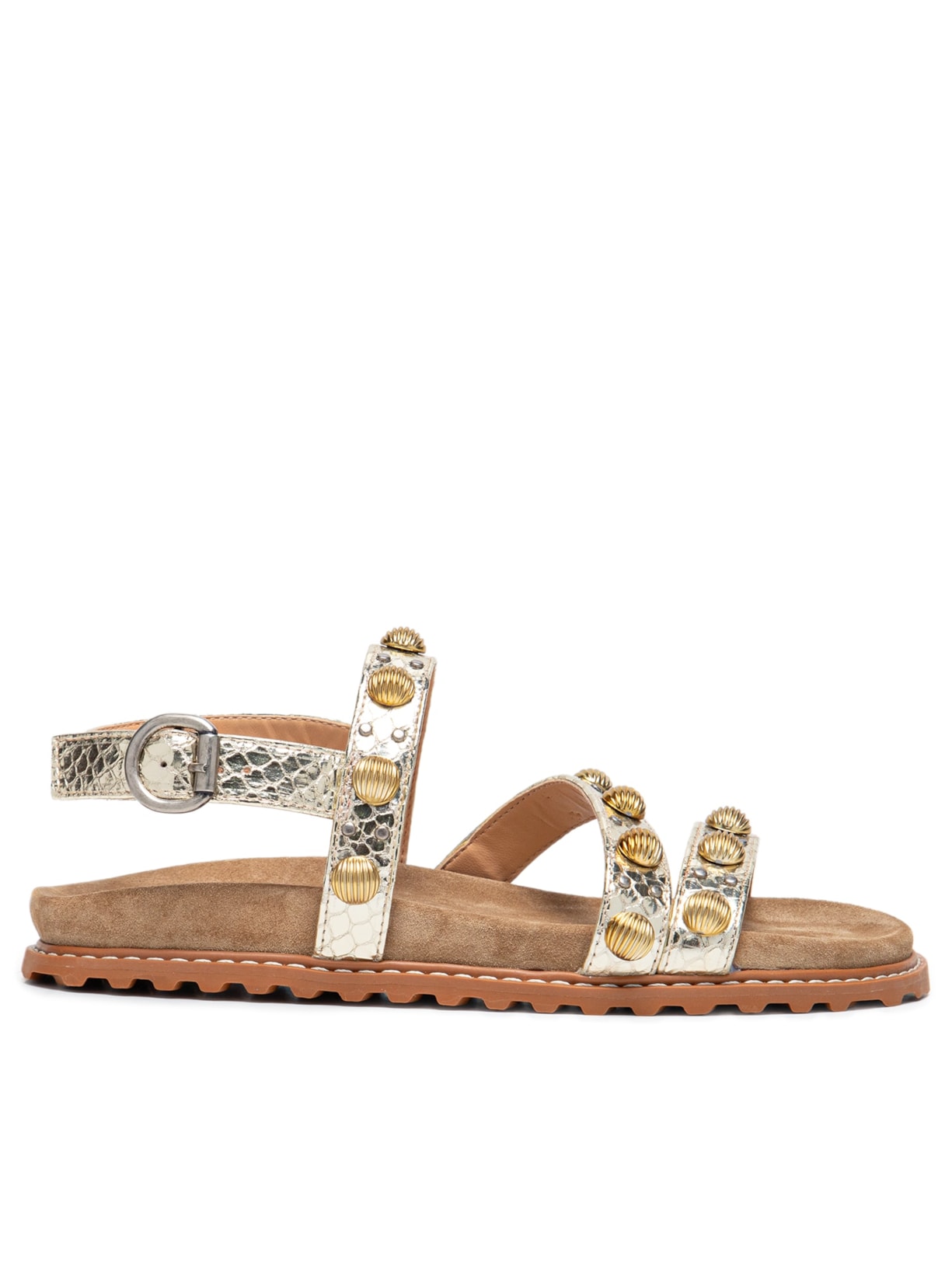 Sandália Feminina Papaete Tratorada Em Couro Com Enfeites De Conchas - Dourado