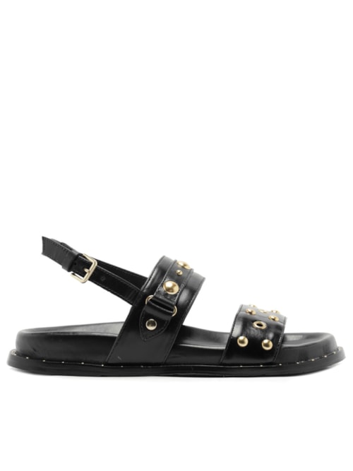 Sandália Feminina Papete Couro Metais Boho - Preto