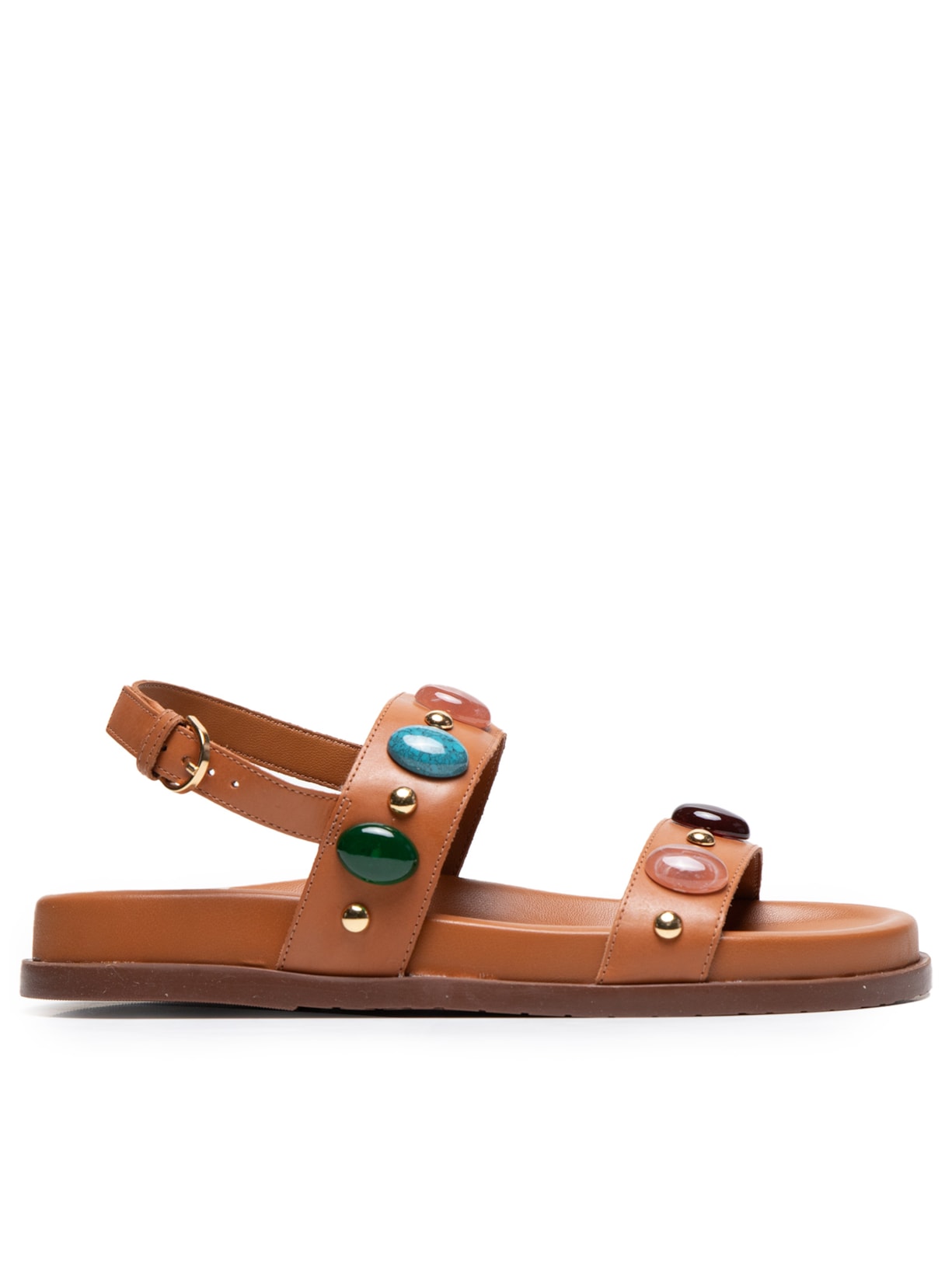 Sandália Feminina Papete Couro Pedras Boho - Marrom