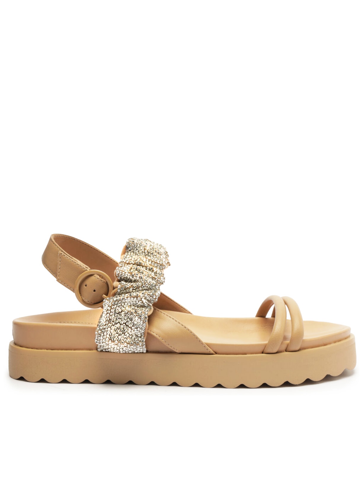 Sandália Feminina Papete Couro Tira Metalizada - Bege