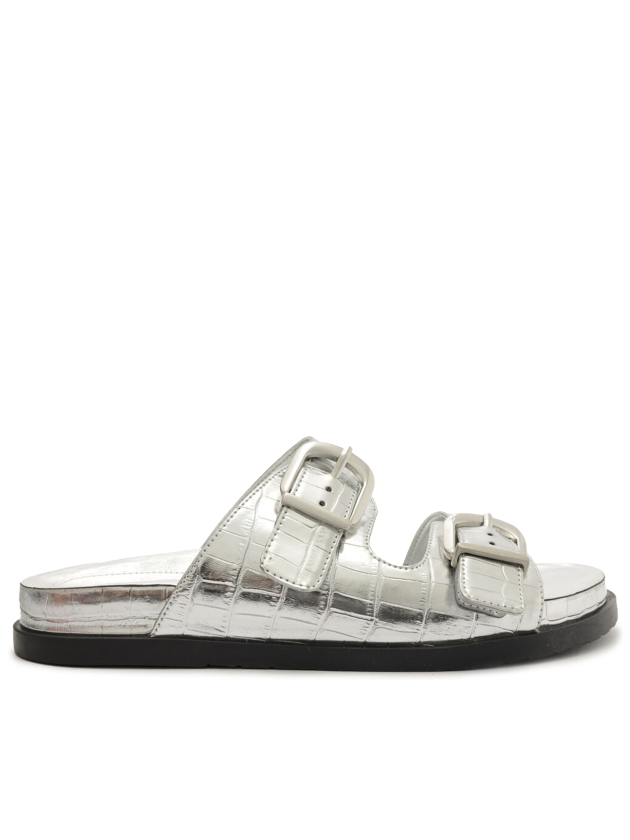 Sandália Feminina Papete Croco Flatform Fivelas - Prata