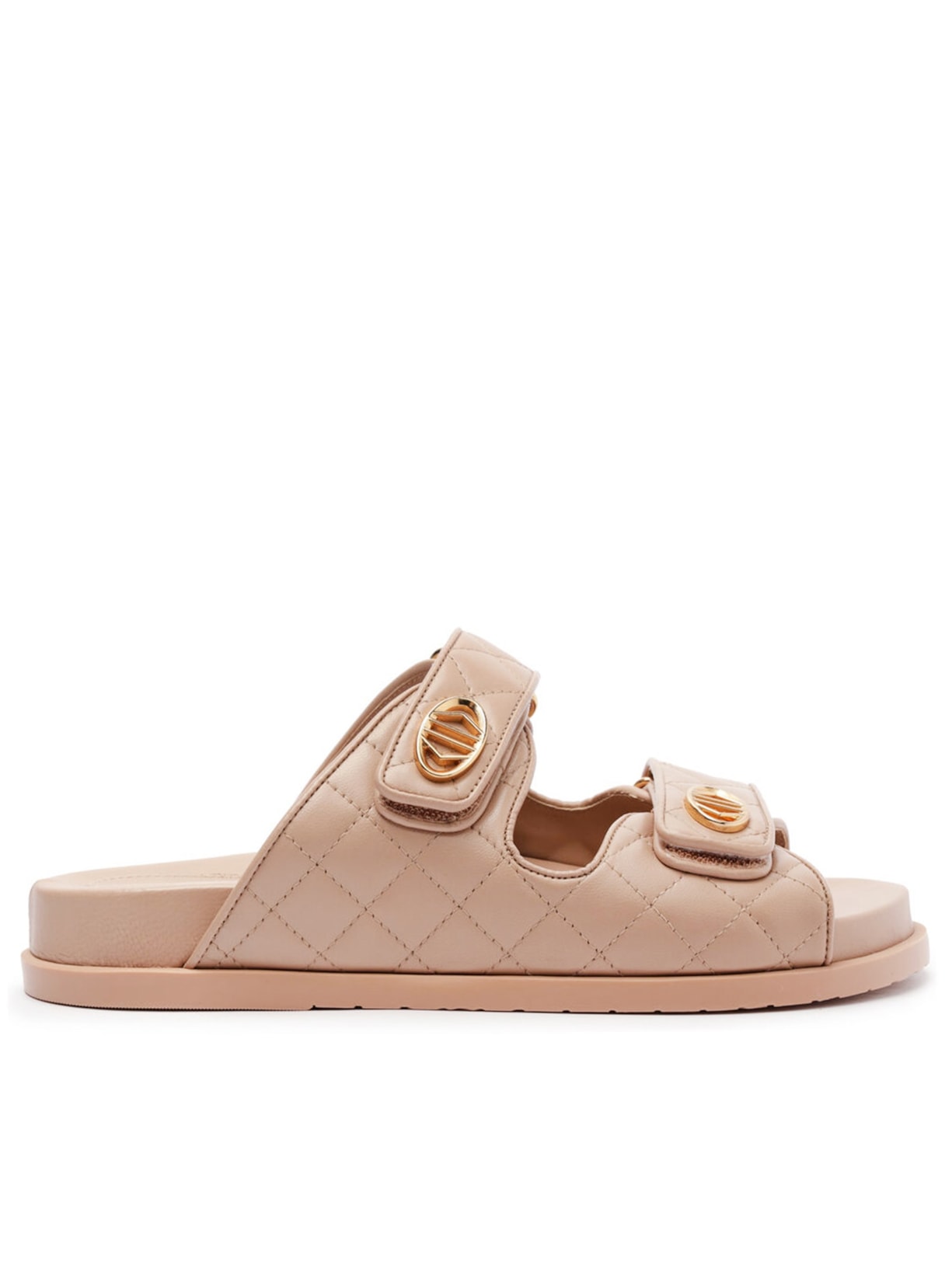 Sandália Feminina Papete Soft Couro Matelassê Velcro - Bege