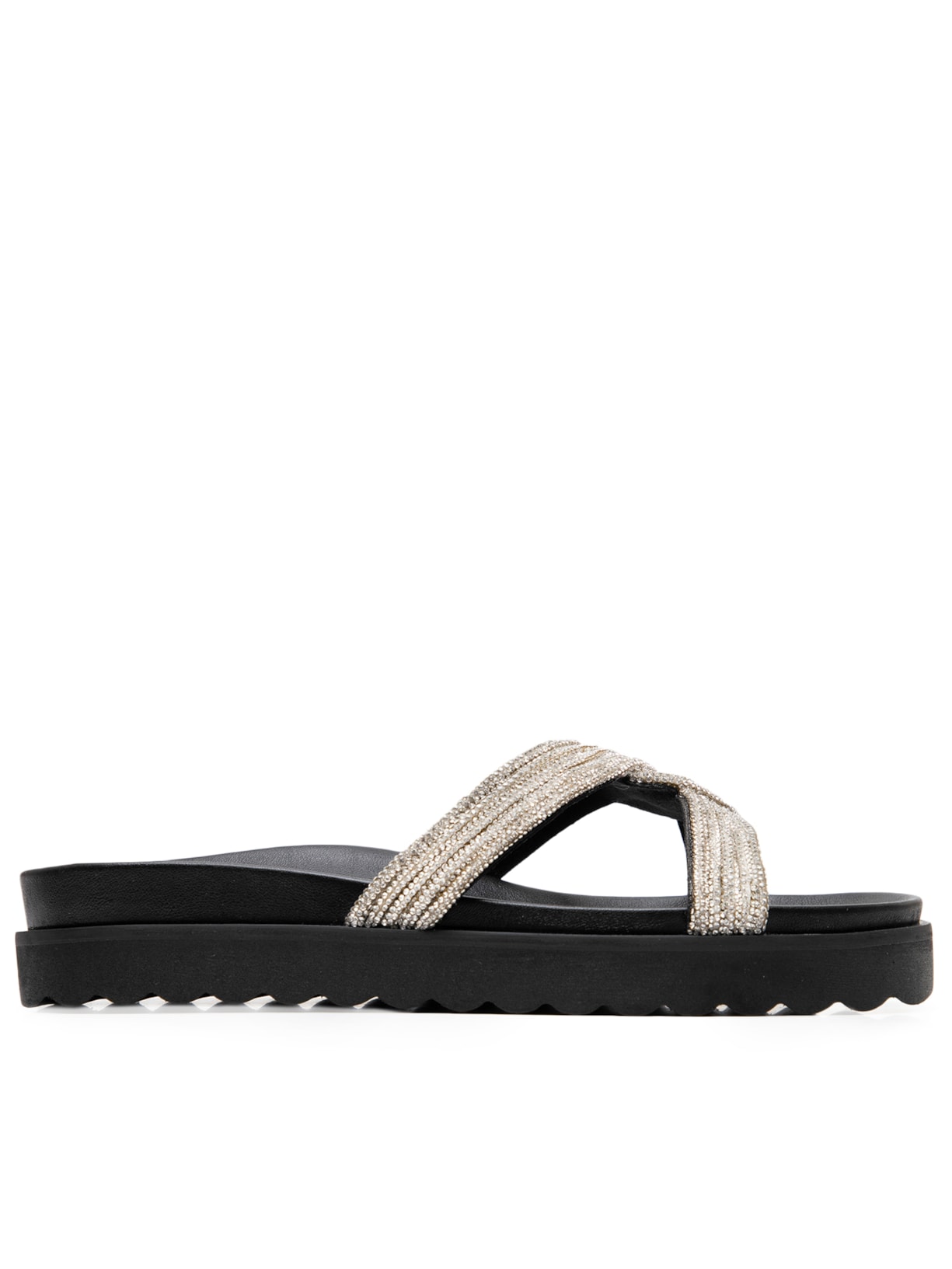 Sandália Feminina Papete Tratorada Brilho Alivia - Preto