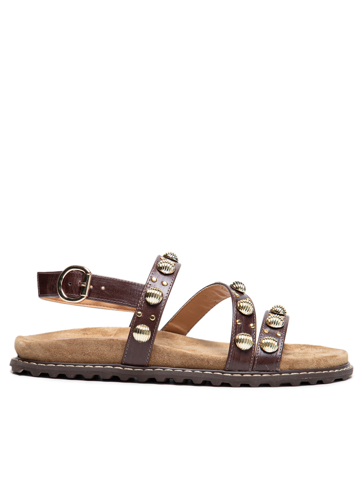 Sandália Feminina Papete Tratorada Em Couro Com Enfeites De Conchas - Marrom