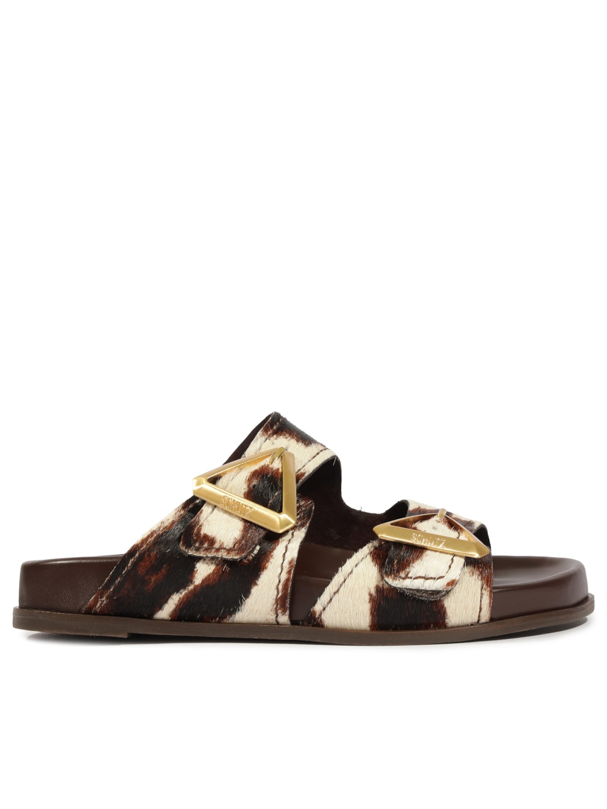 Sandália Feminina Papete Triangle Couro Animal Print Schutz