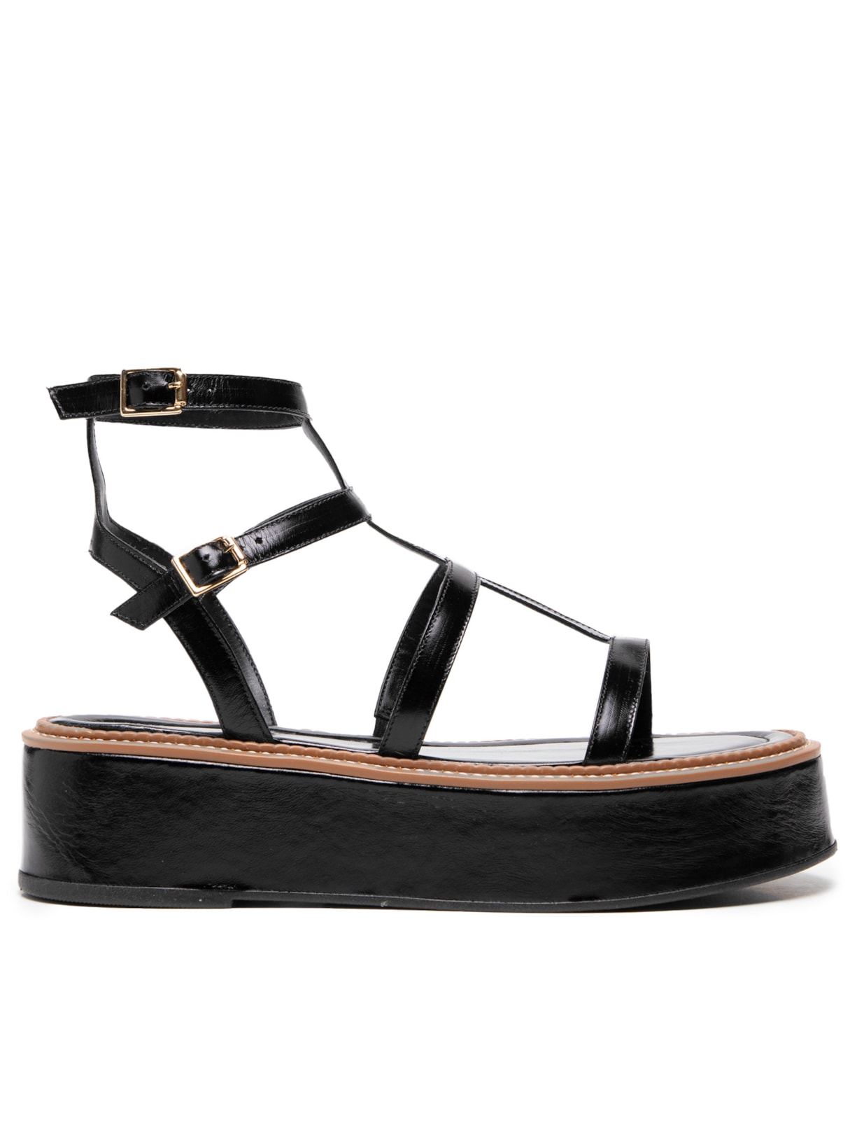 Sandália Feminina Plataforma Couro Com Tiras Finas - Preto