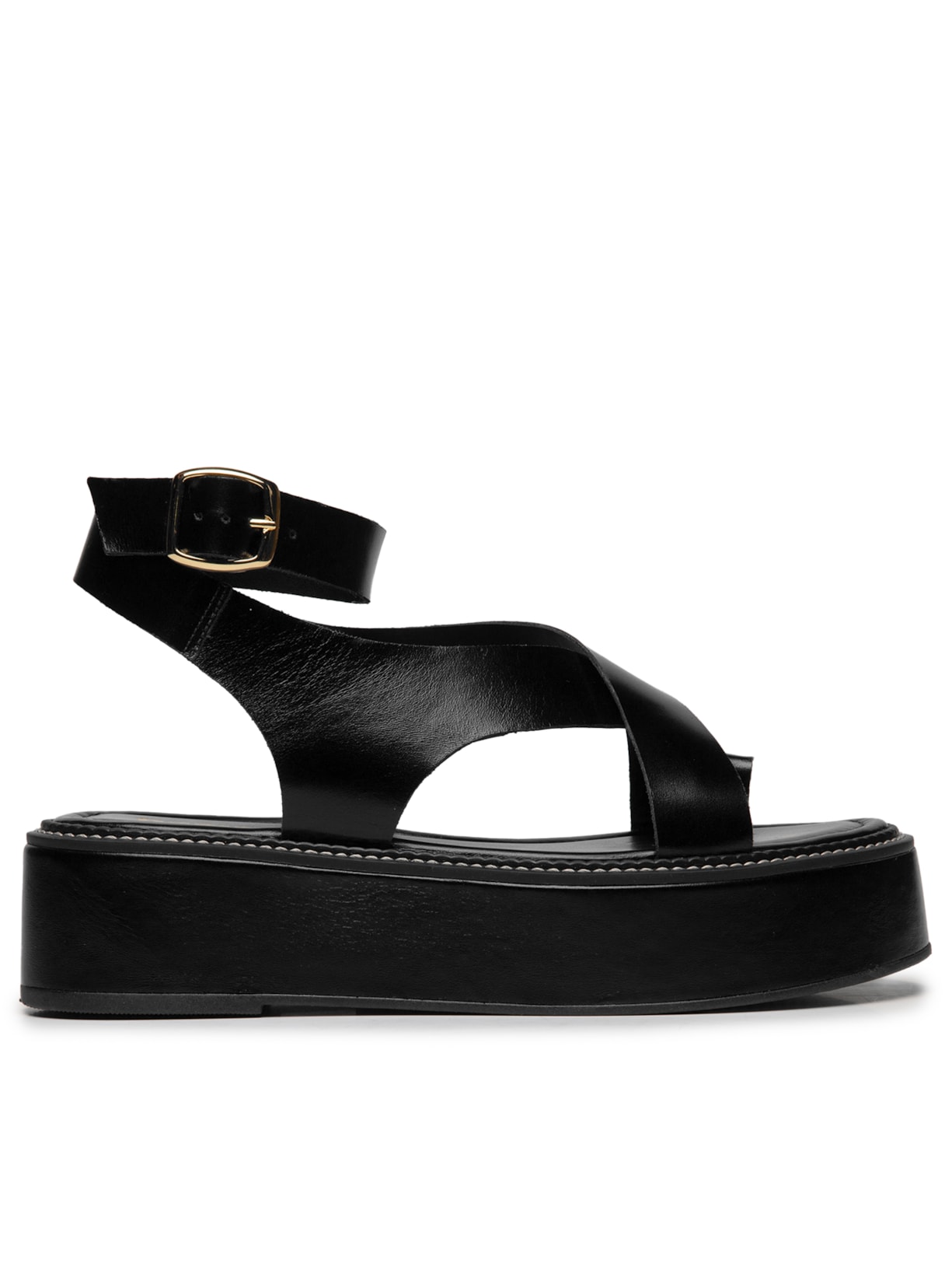 Sandália Feminina Plataforma Couro Com Tiras - Preto