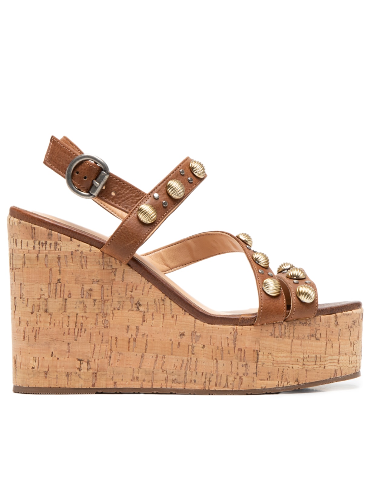 Sandália Feminina Plataforma Em Couro Com Rebitas Em Concha - Marrom