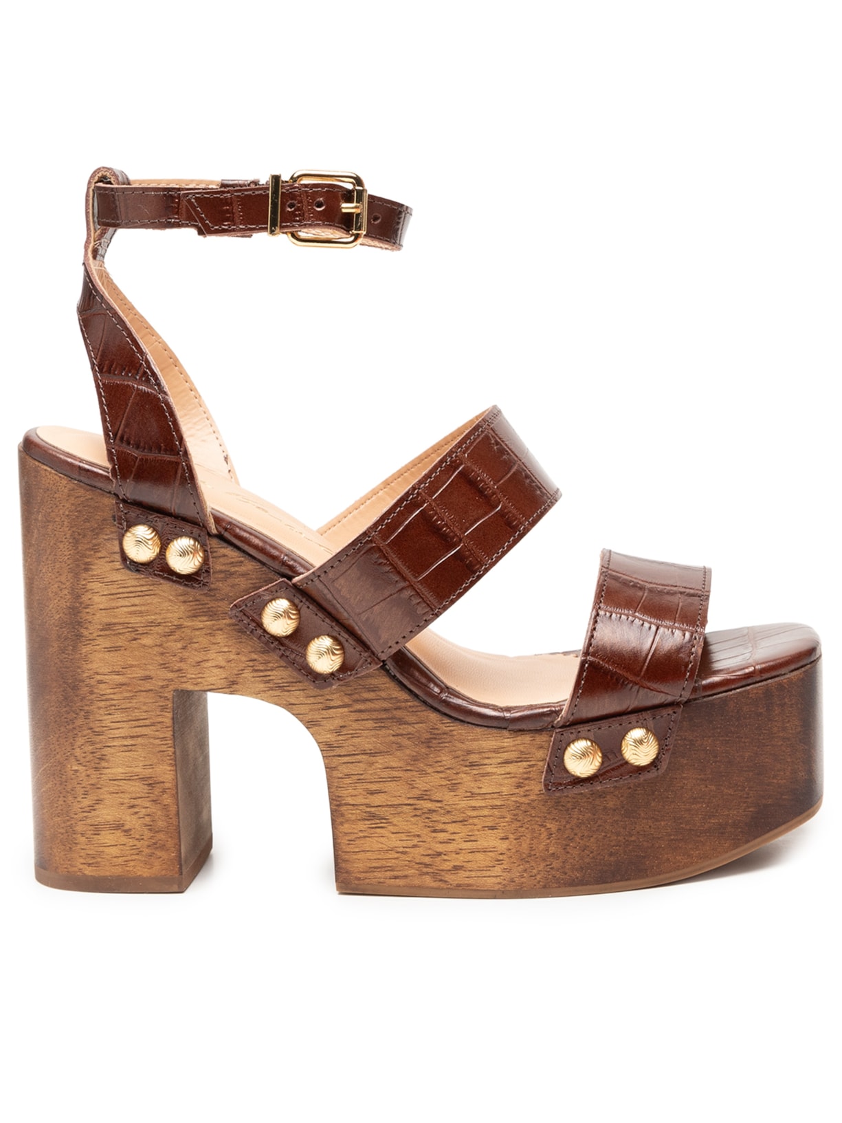 Sandália Feminina Plataforma Em Croco Chocolate com Rebites - Marrom