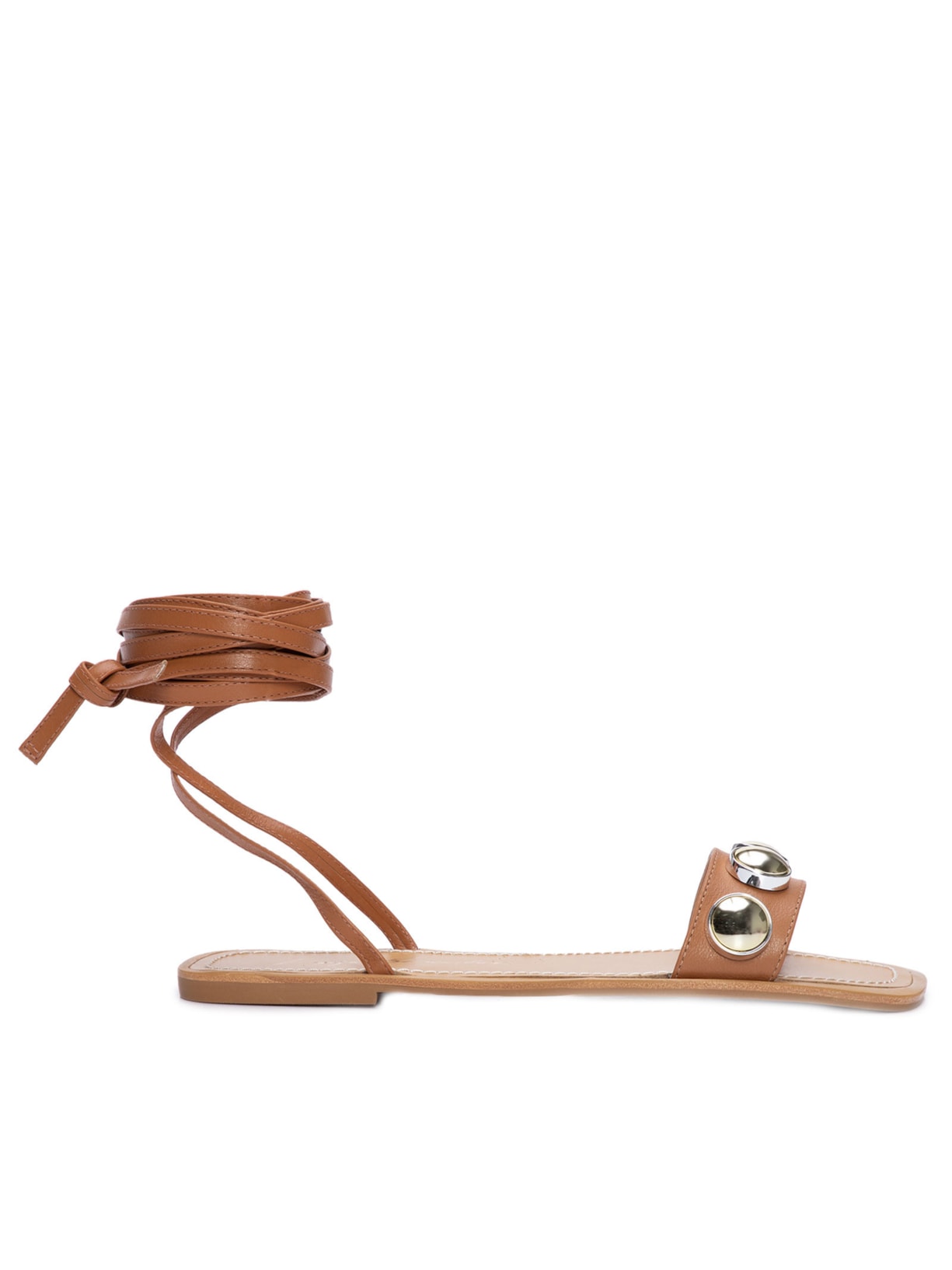 Sandália Feminina Rasteira Aplicações Pedrarias Circulares Caramelo - Marrom