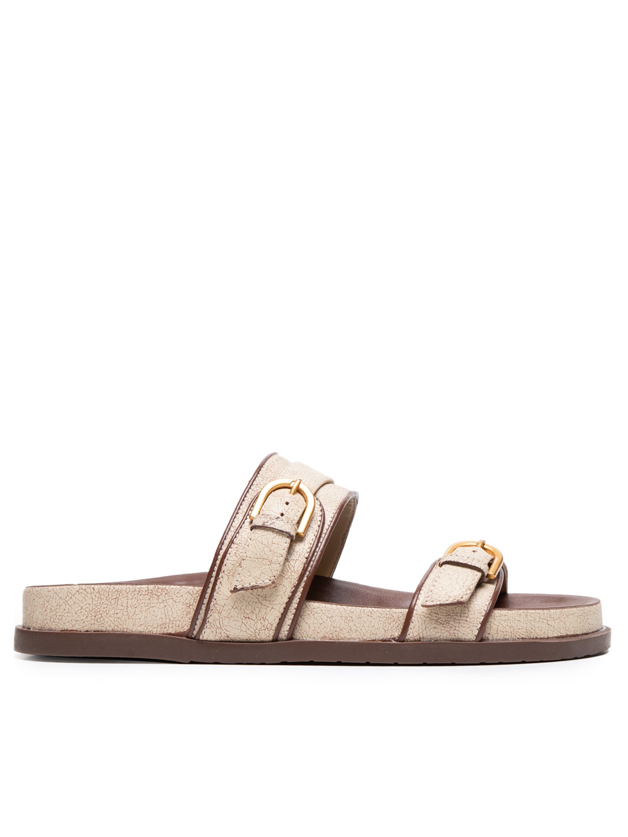 Sandália Feminina Rasteira Camurça Tiras Fivelas - Bege