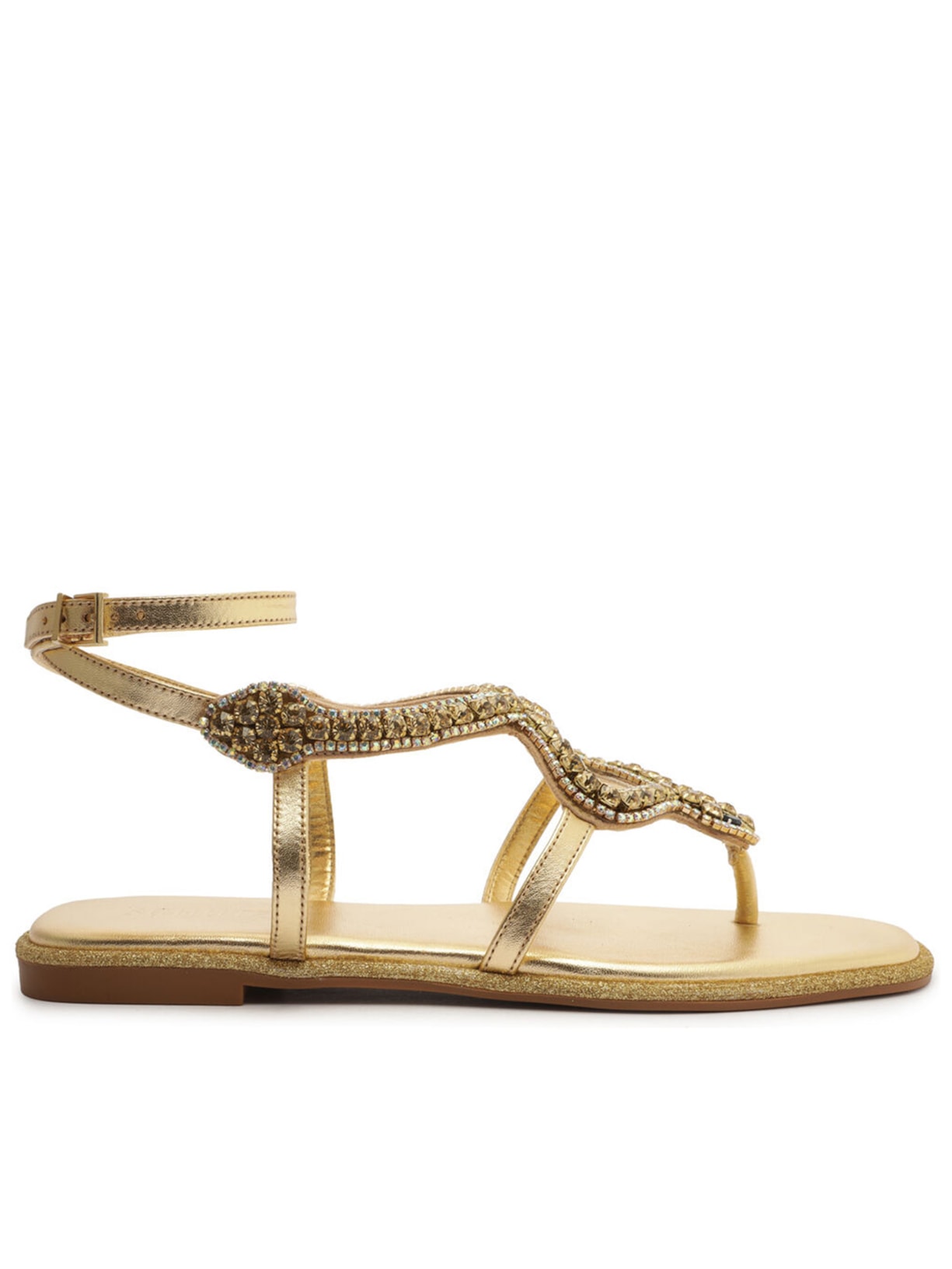 Sandália Feminina Rasteira Cobra Pedras - Dourado