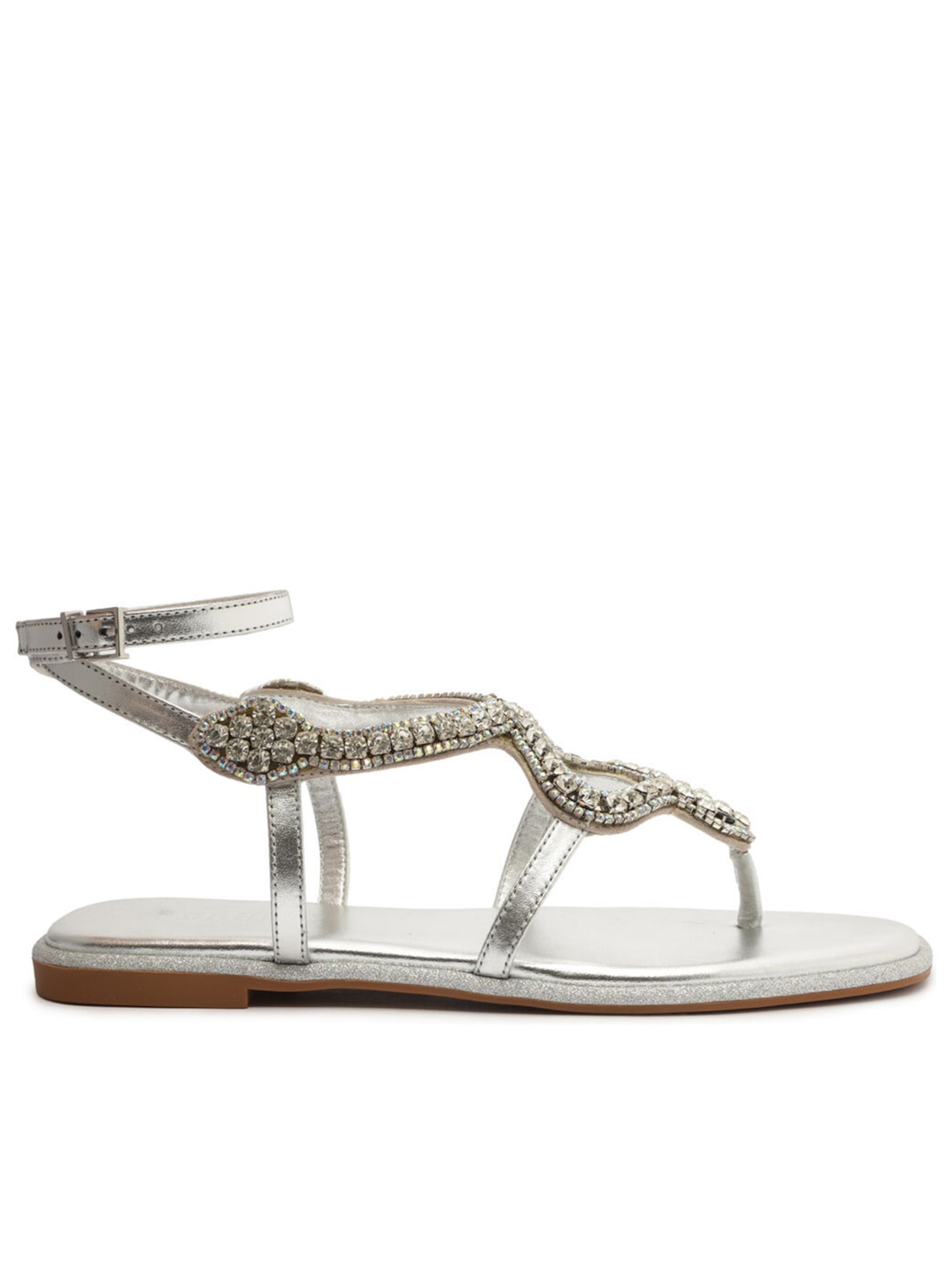 Sandália Feminina Rasteira Cobra Pedras - Prata