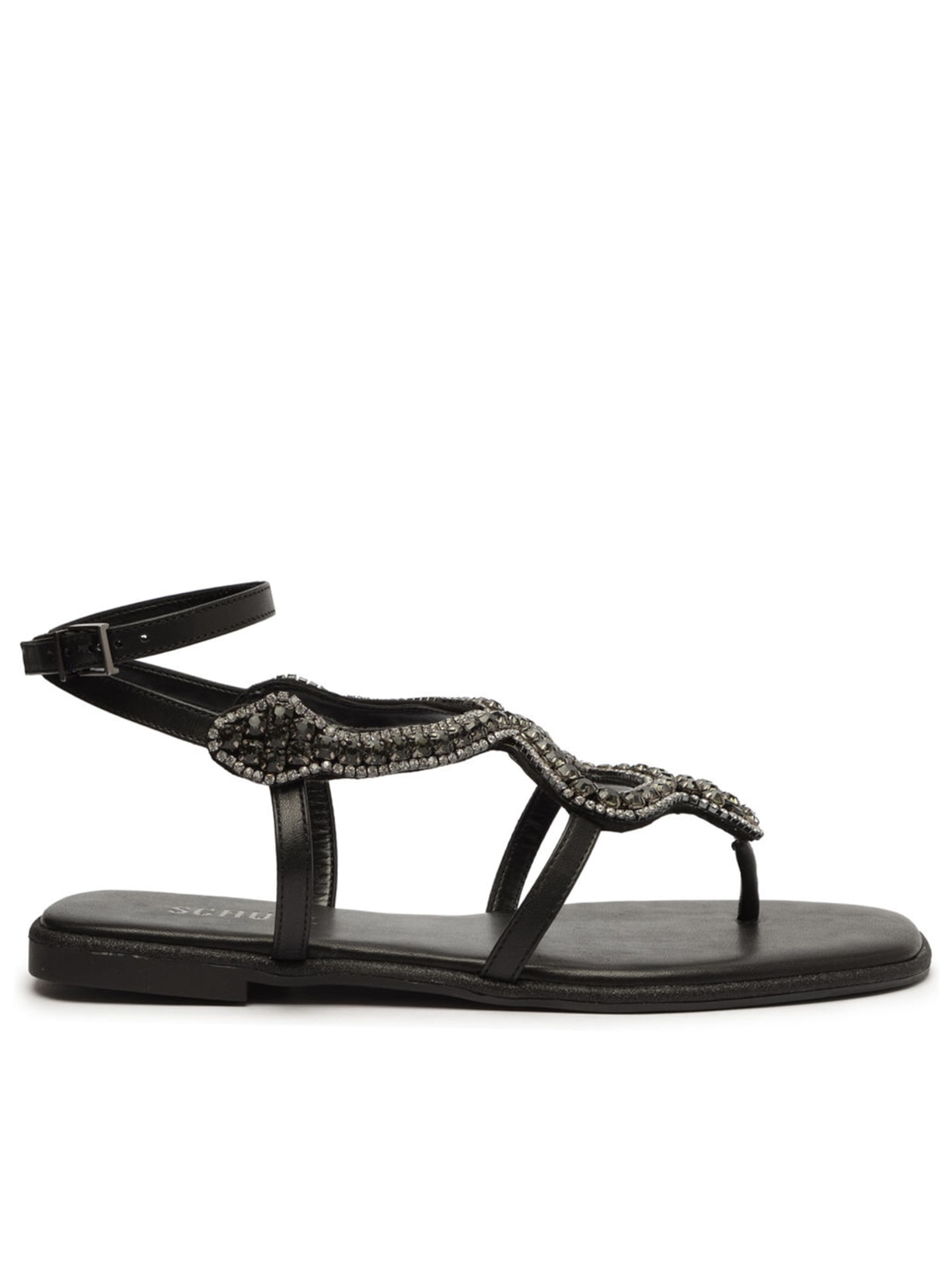 Sandália Feminina Rasteira Cobra Pedras - Preto