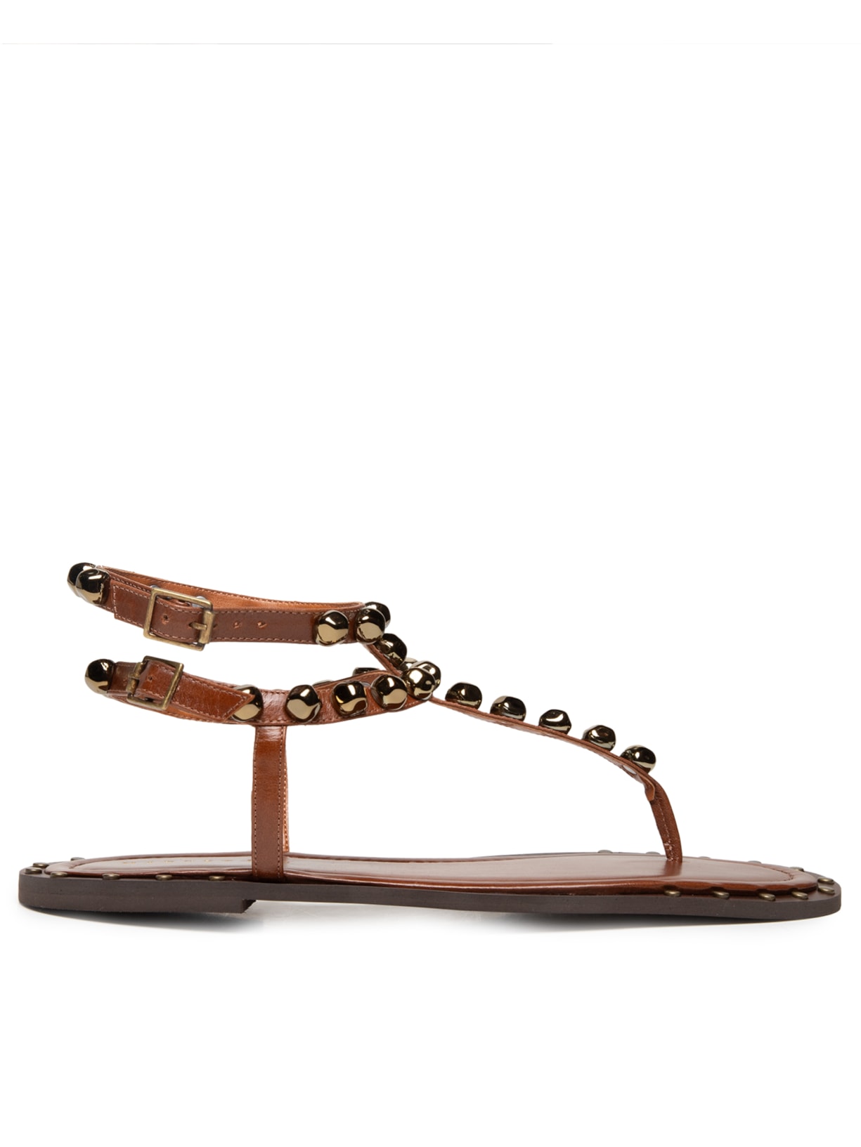 Sandália Feminina Rasteira Com Enfeites Metálicos - Marrom