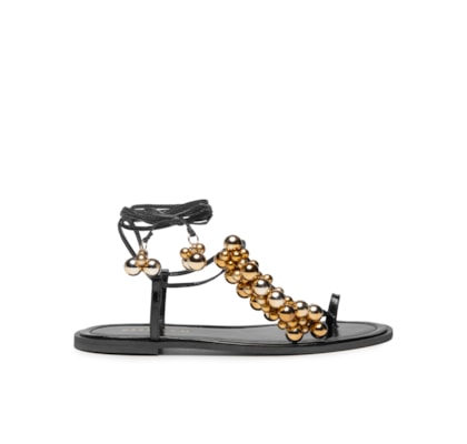 Sandália Feminina Rasteira Com Enfeites Metálicos - Preto